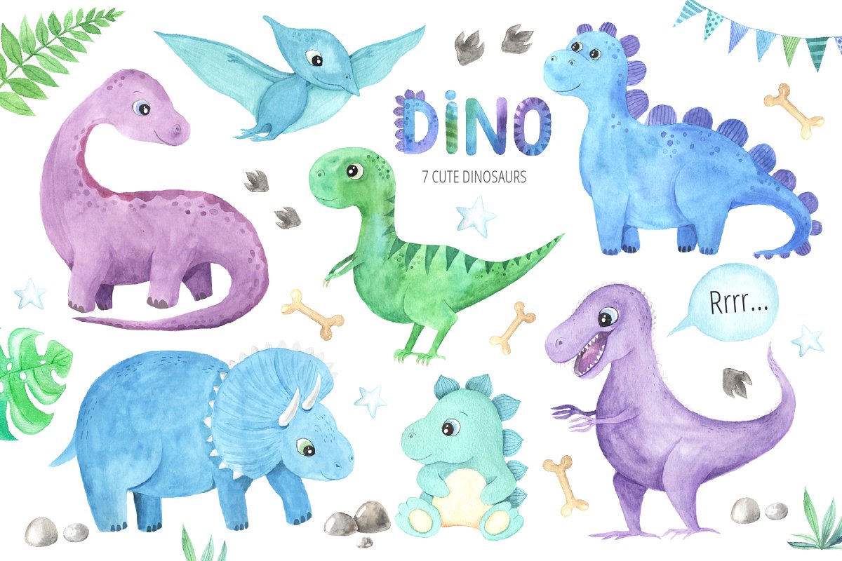 可爱卡通手绘恐龙水彩画合集 Watercolor Dinosaurs Collection_img_2