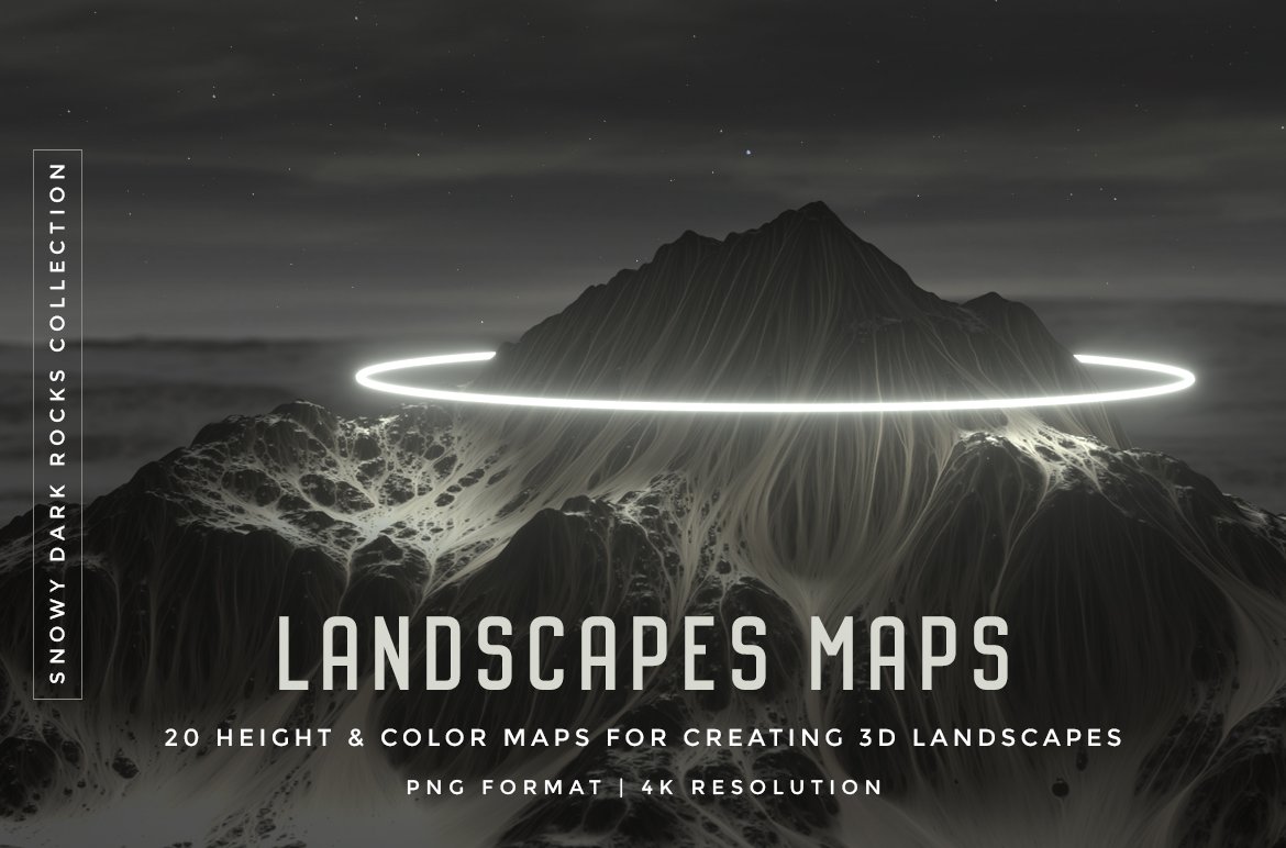 20款黑白山脉3D地图PNG纹理设计素材 Set Of 20 Landscapes Maps_img_2