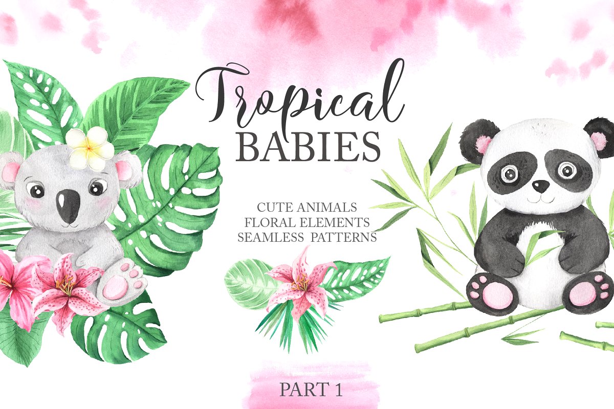 热带风格手绘婴儿动植物元素水彩插画套装1 Watercolor Tropical Babies Set 1_img_2