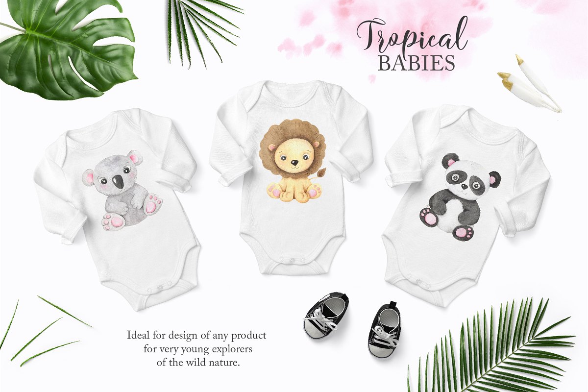 热带风格手绘婴儿动植物元素水彩插画套装1 Watercolor Tropical Babies Set 1_img_2