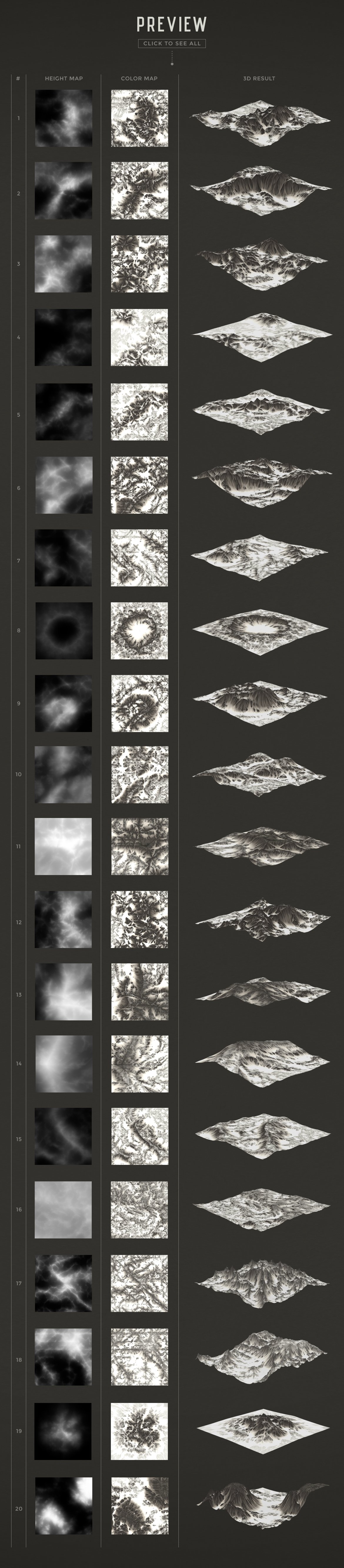 20款黑白山脉3D地图PNG纹理设计素材 Set Of 20 Landscapes Maps_img_2