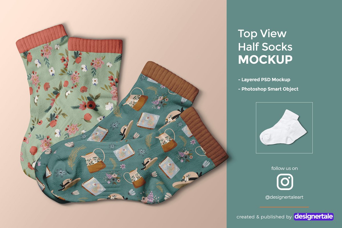 顶视图袜子印花图案设计展示样机模板 Top View Half Socks Mockup_img_2