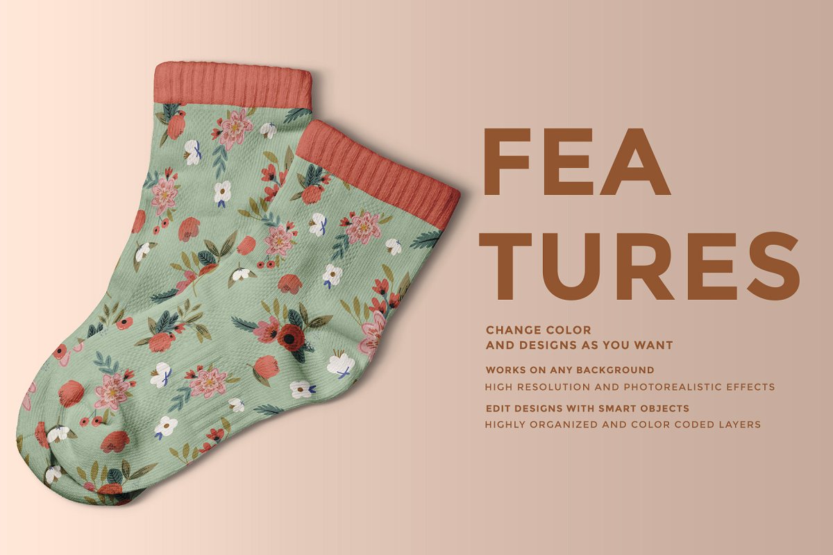 顶视图袜子印花图案设计展示样机模板 Top View Half Socks Mockup_img_2