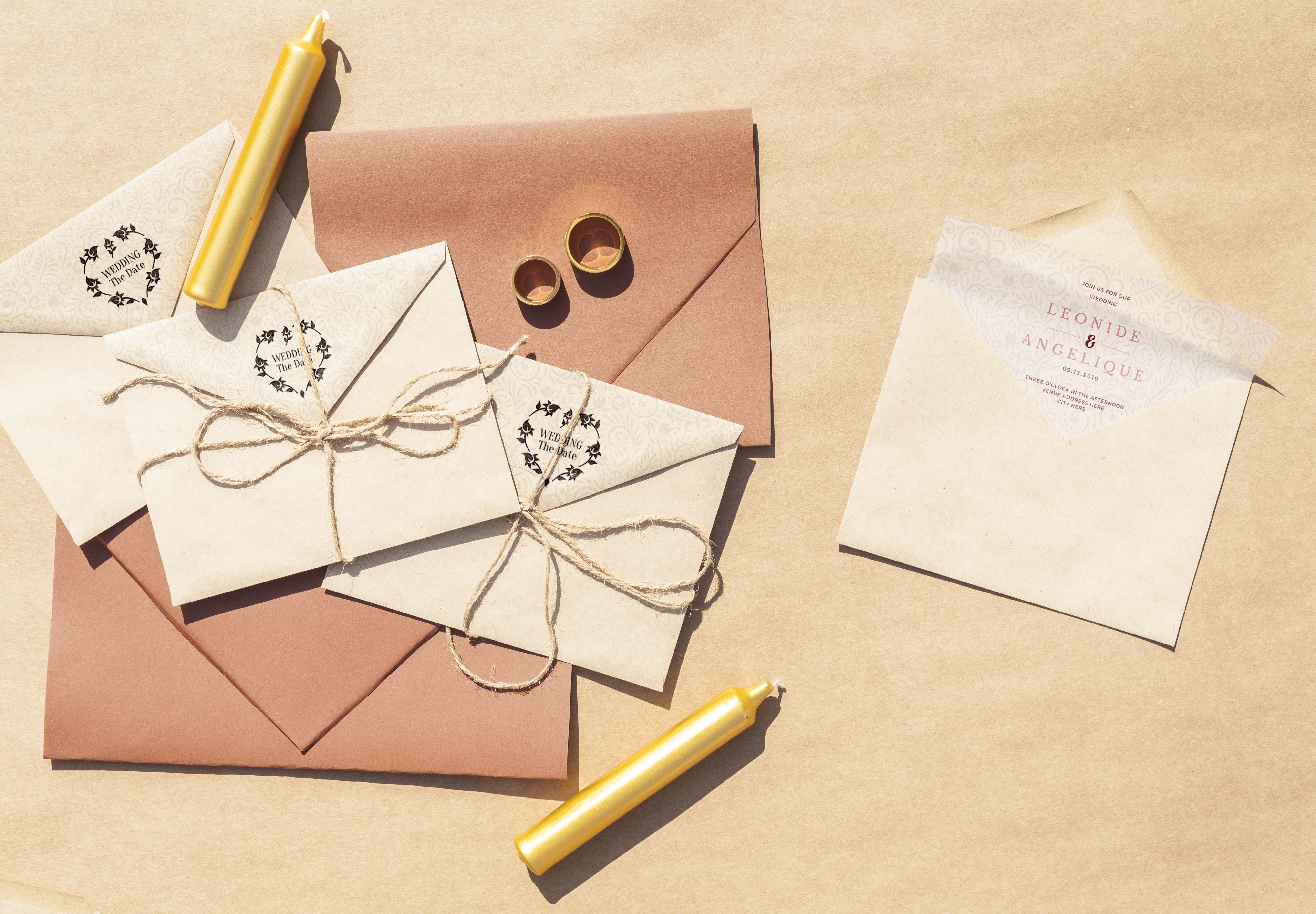 6个复古婚礼邀请函卡片设计展示样机模板 Vintage Wedding Invitations With Brown Paper Envelopes_img_2