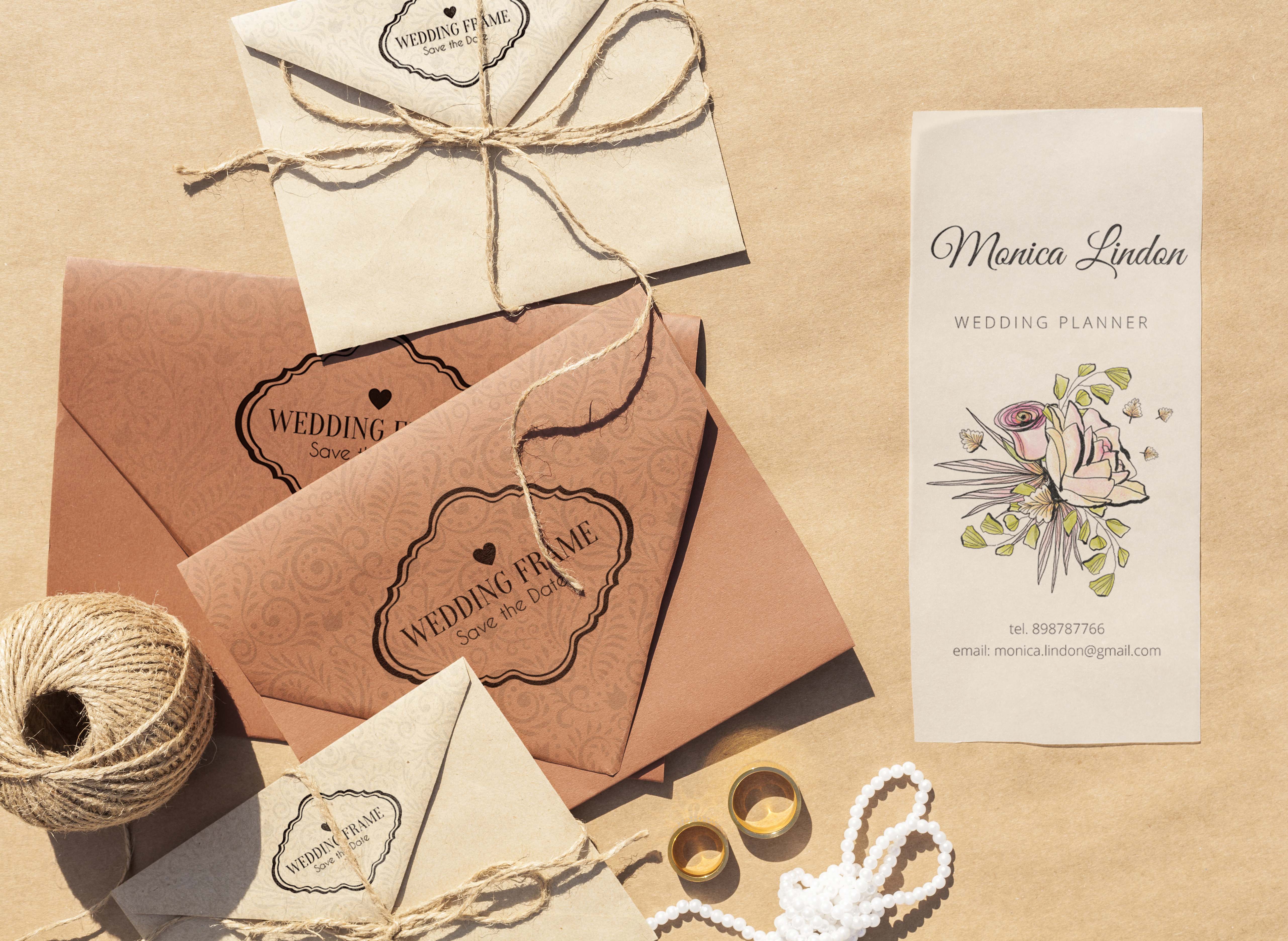 6个复古婚礼邀请函卡片设计展示样机模板 Vintage Wedding Invitations With Brown Paper Envelopes_img_2