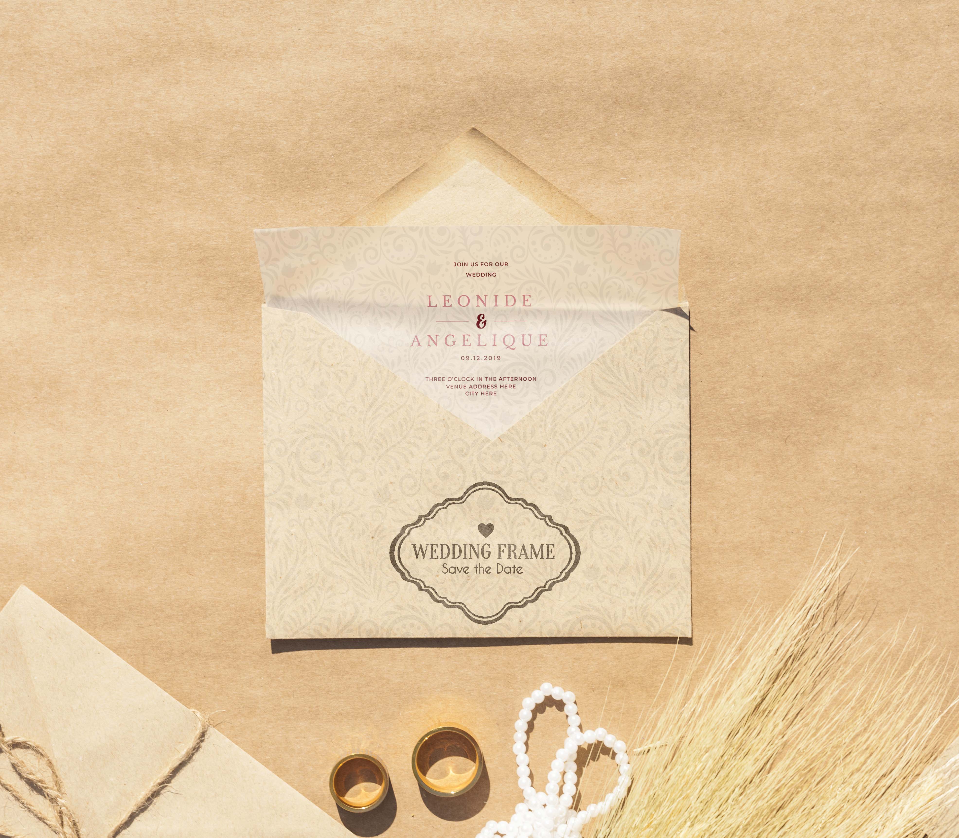 6个复古婚礼邀请函卡片设计展示样机模板 Vintage Wedding Invitations With Brown Paper Envelopes_img_2