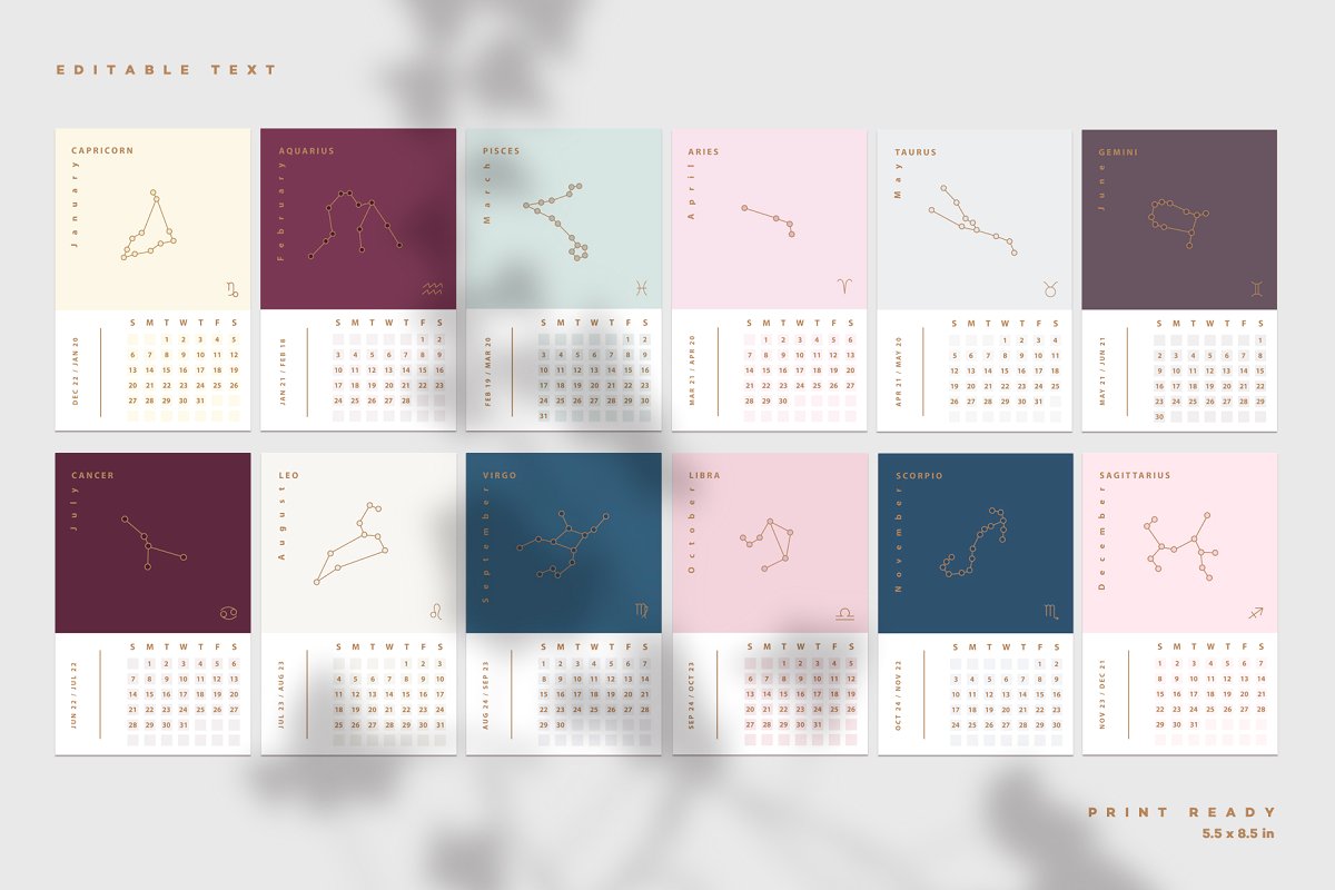 占星术主题日历台历设计矢量模板 Astrology Calendar Templates_img_2