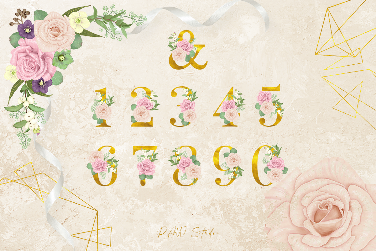 波西米亚风花卉字母数字设计水彩画集合 Floral Gold Letters Numbers Ampersand_img_2