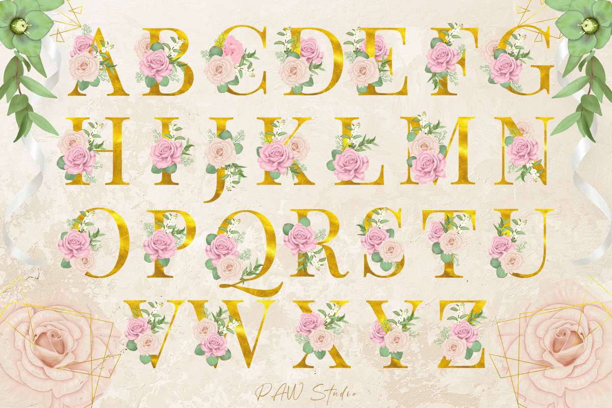 波西米亚风花卉字母数字设计水彩画集合 Floral Gold Letters Numbers Ampersand_img_2