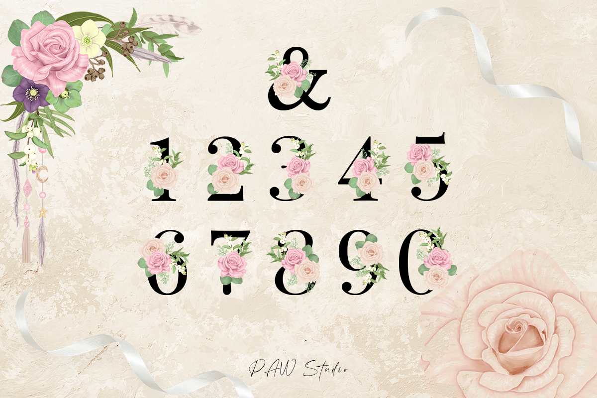 波西米亚风花卉字母数字设计水彩画集合 Floral Gold Letters Numbers Ampersand_img_2