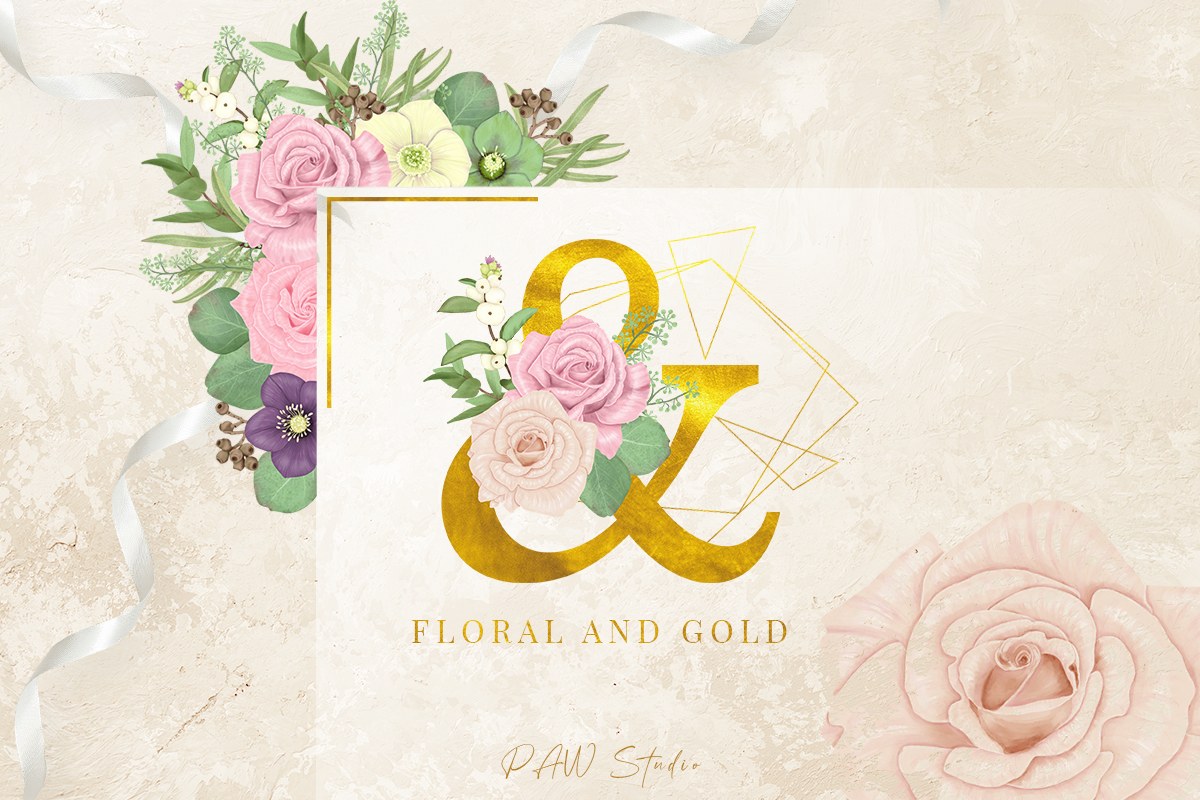 波西米亚风花卉字母数字设计水彩画集合 Floral Gold Letters Numbers Ampersand_img_2