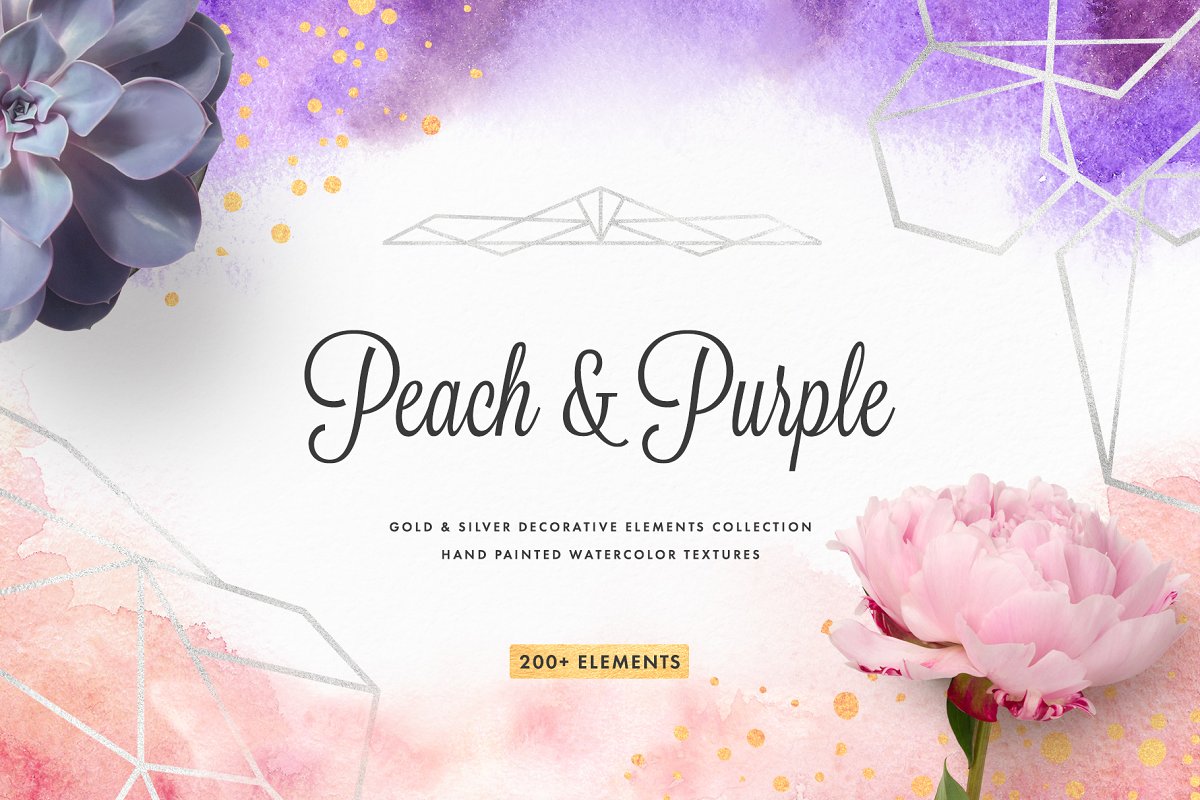 31个桃红色飞溅水彩背景&金银线框素材 Peach & Purple Decor Collection_img_2