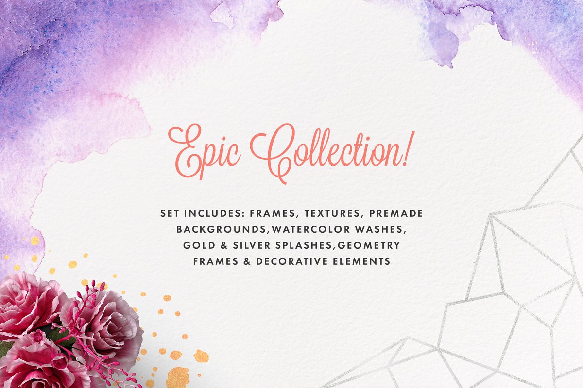 31个桃红色飞溅水彩背景&金银线框素材 Peach & Purple Decor Collection_img_2