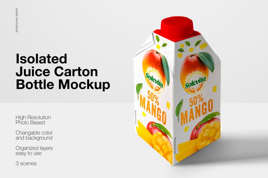 逼真果汁纸盒外观设计效果图样机模板 Isolated Juice Carton Mockup_img_2