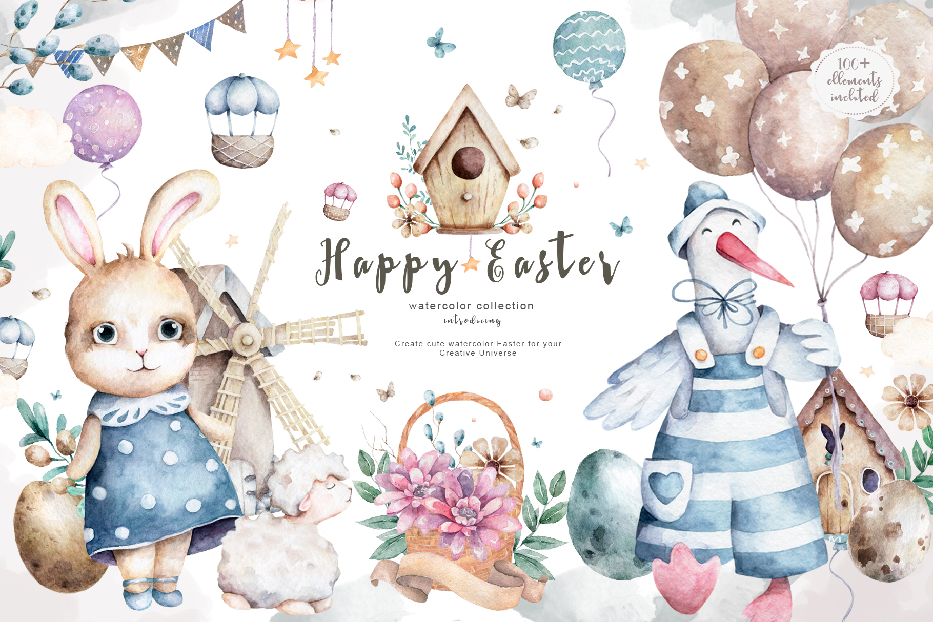 可爱春天复活节手绘水彩画集 Happy Easter Spring Set_img_2
