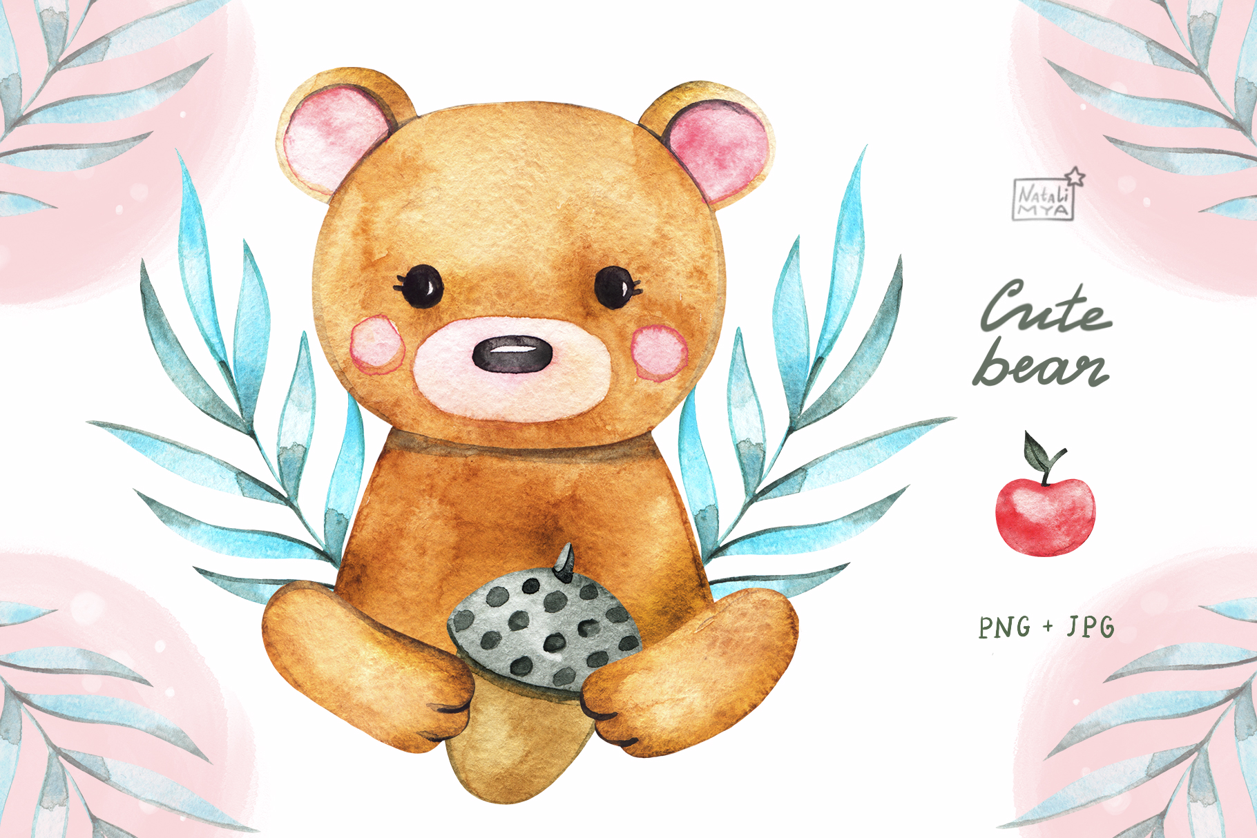 可爱无缝隙熊手绘水彩剪贴画 Watercolor Cute Bear Cliparts_img_2