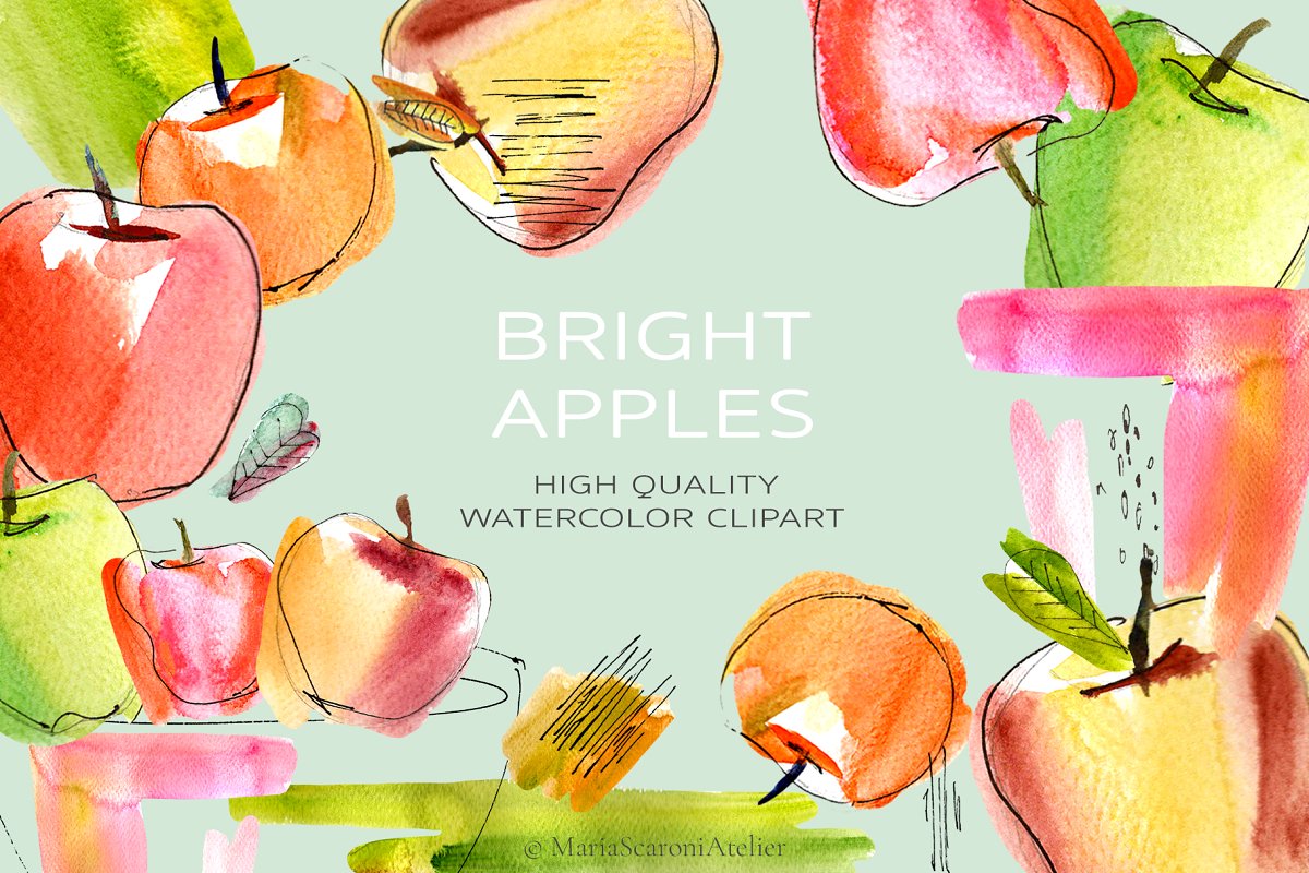 抽象色彩鲜亮苹果手绘水彩画 Bright Apples Watercolor_img_2