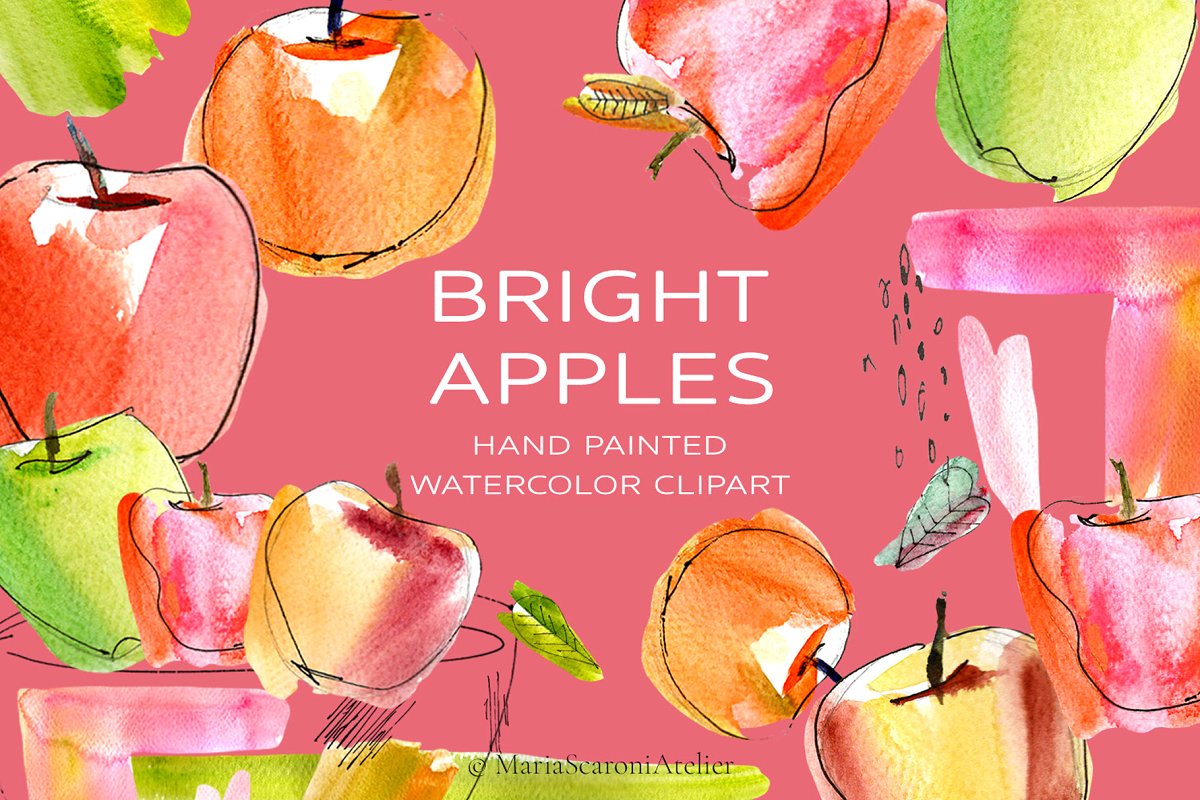 抽象色彩鲜亮苹果手绘水彩画 Bright Apples Watercolor_img_2