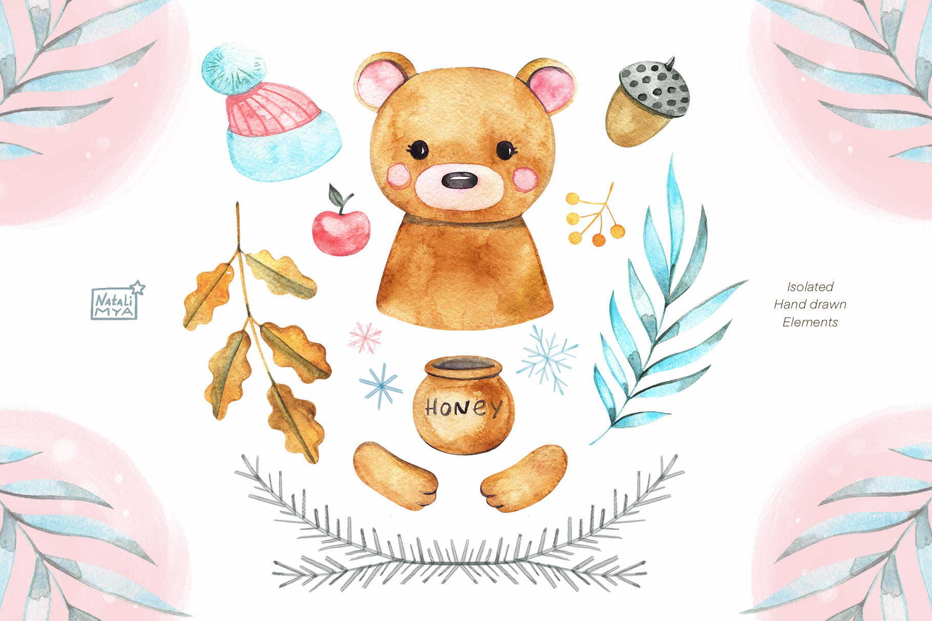 可爱无缝隙熊手绘水彩剪贴画 Watercolor Cute Bear Cliparts_img_2