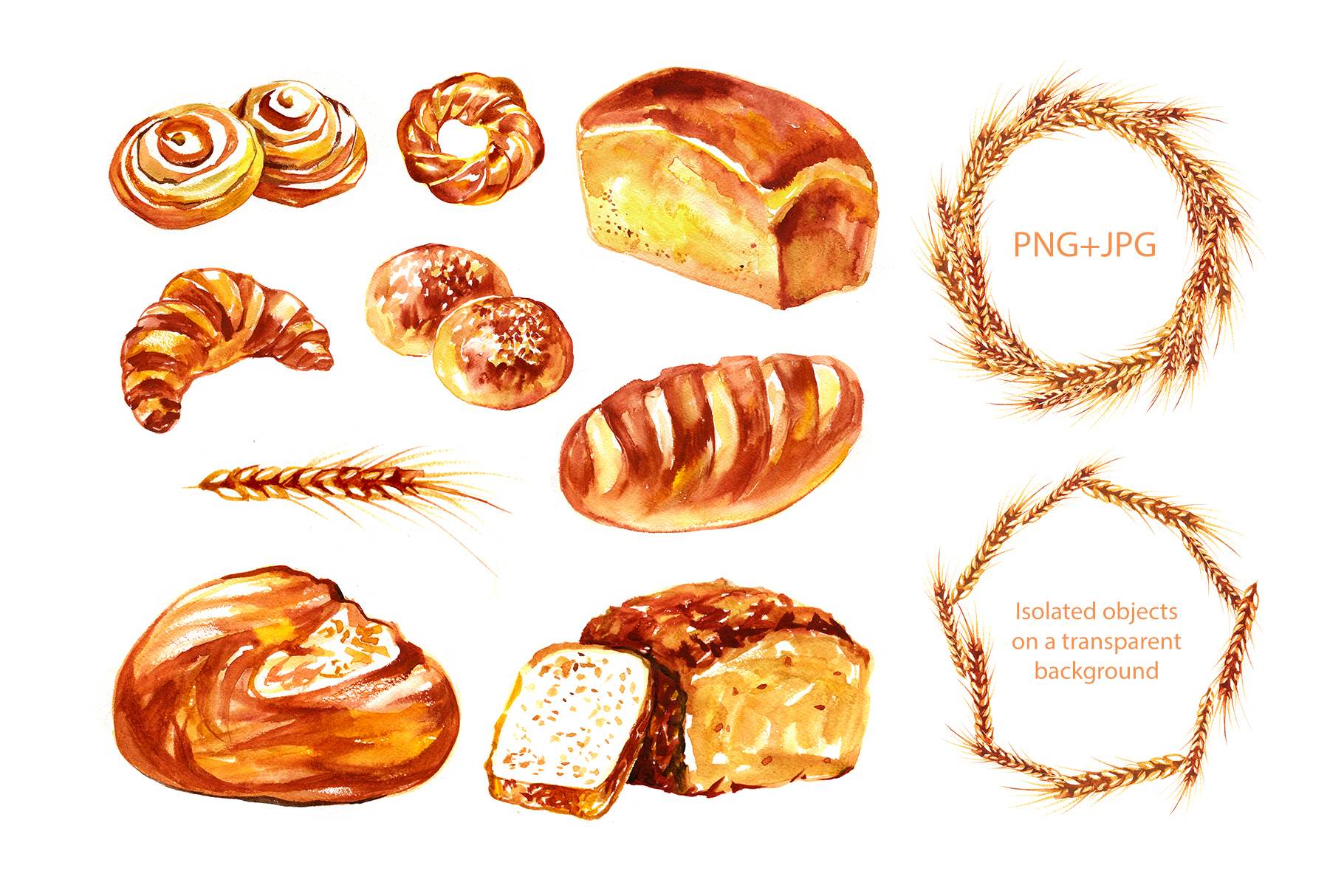 面包手绘水彩剪贴画合集 Watercolor Bread Cliparts_img_2