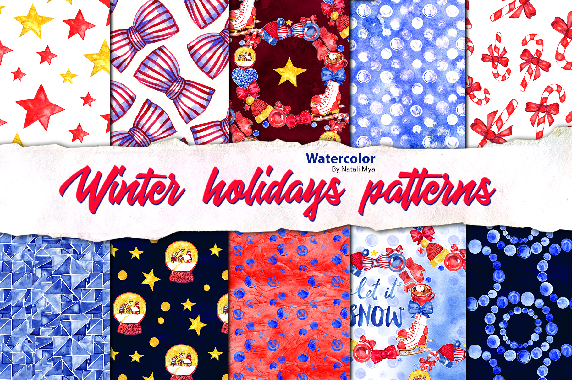 圣诞节元素手绘水彩炫彩无缝花纹 Winter Holidays Seamless Patterns_img_2