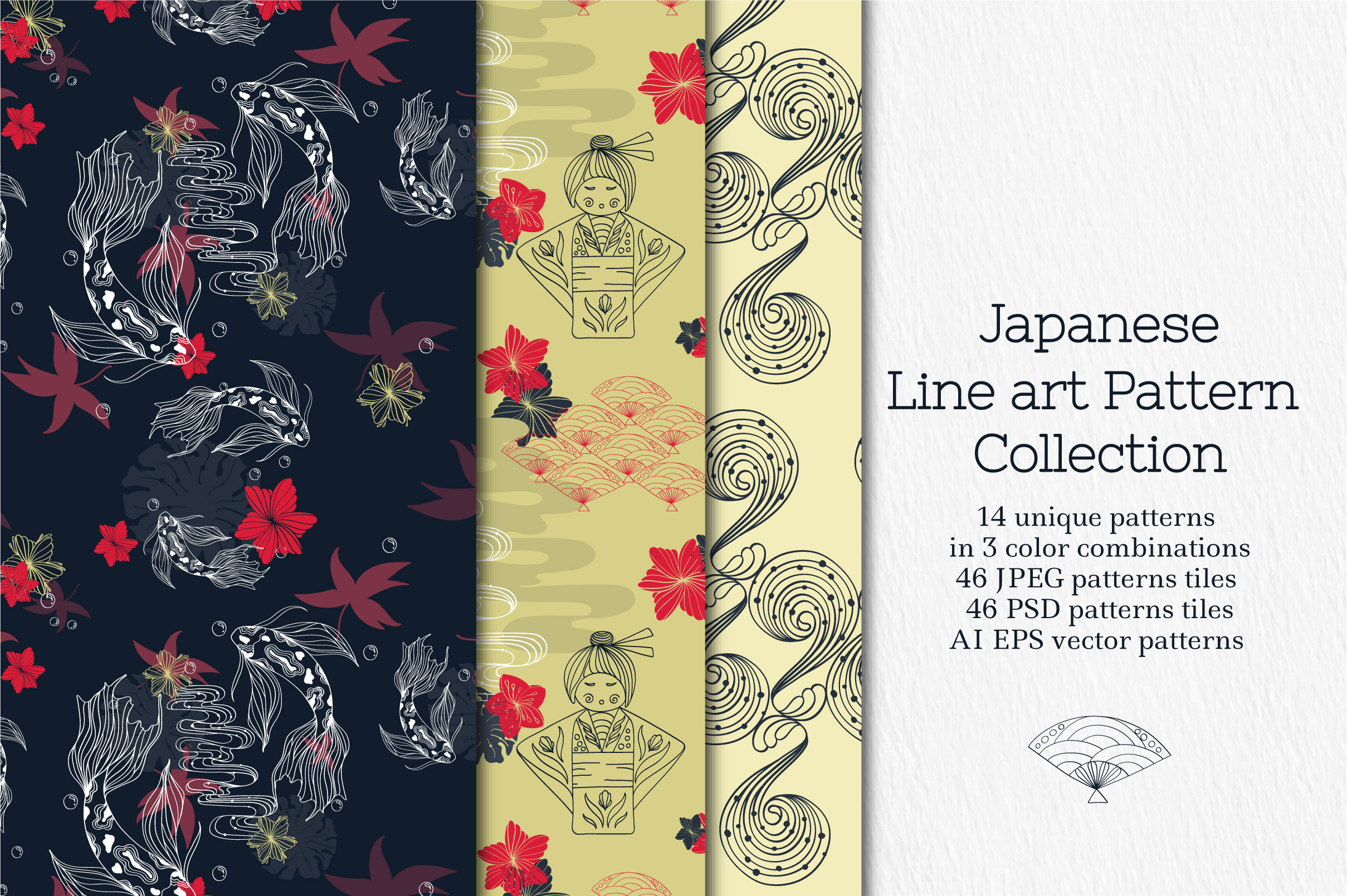 14种日式风格艺术线条矢量钢笔画图案合集 Line art Japanese Pattern Collection_img_2