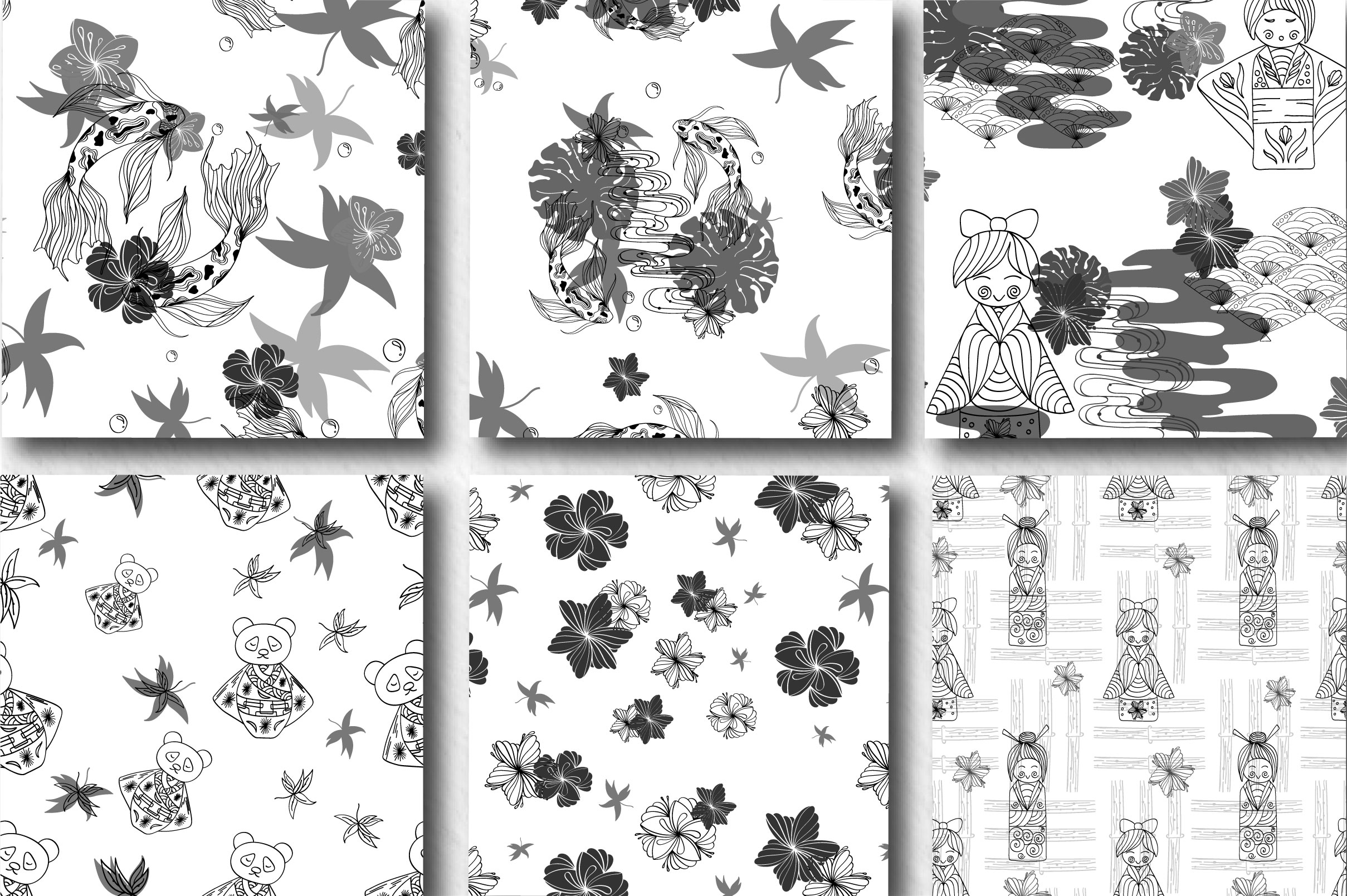 14种日式风格艺术线条矢量钢笔画图案合集 Line art Japanese Pattern Collection_img_2