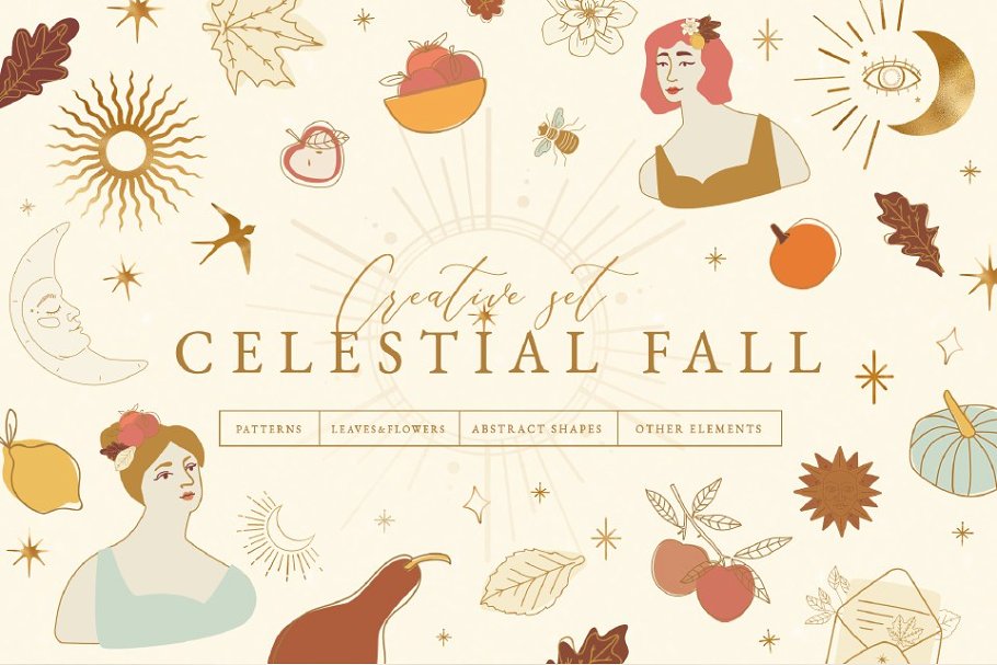 秋季元素天体女性动物树叶矢量插图合集 Celestial Fall Graphic Set_img_2