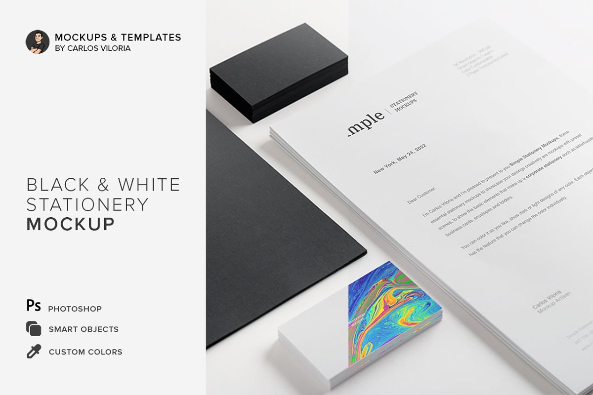 A4信纸和黑白企业名片设计展示样机模板 Black & White Stationery Mockup_img_2