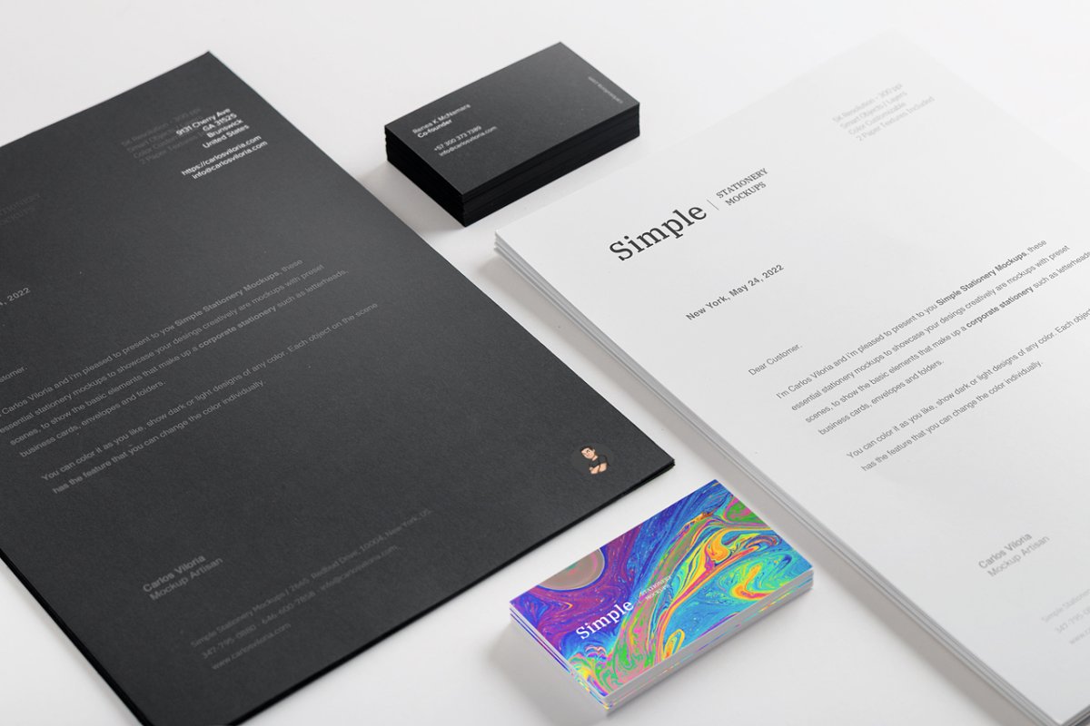 A4信纸和黑白企业名片设计展示样机模板 Black & White Stationery Mockup_img_2