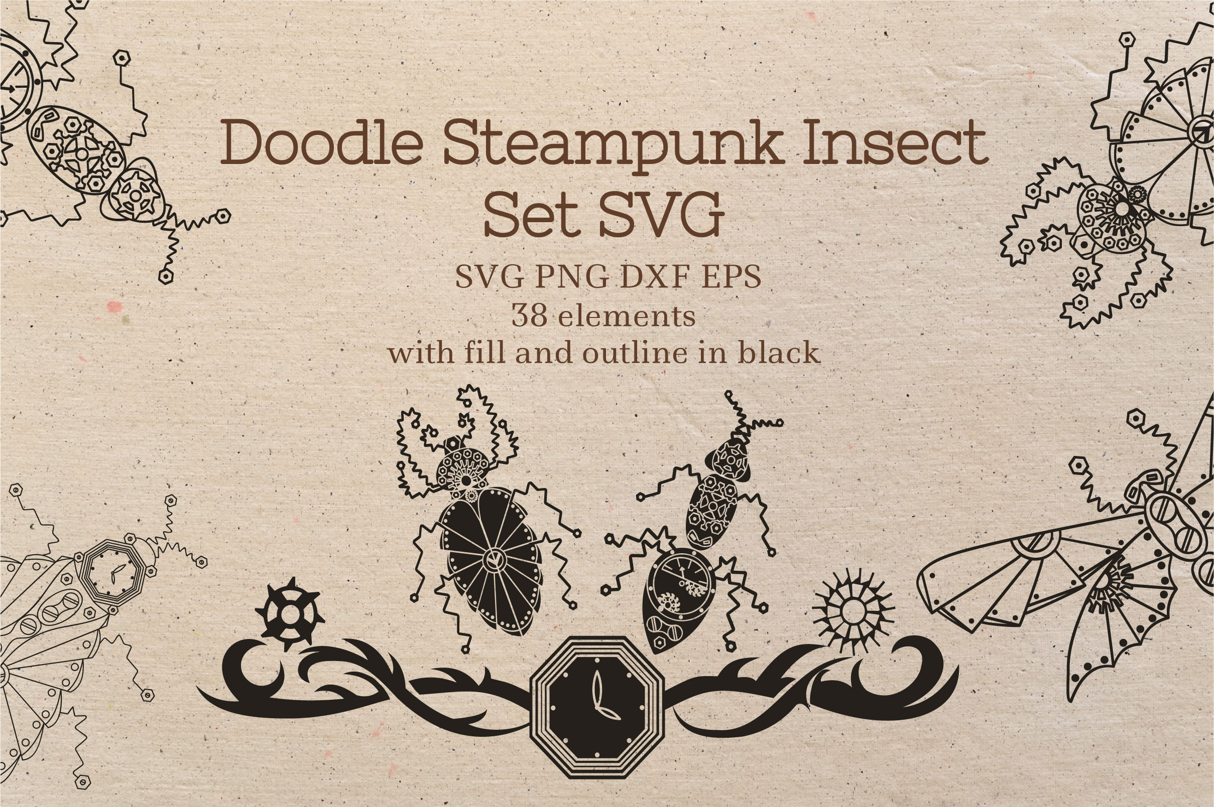 蒸汽朋克昆虫手绘矢量插画套装 Doodle Steampunk Insect Set SVG_img_2