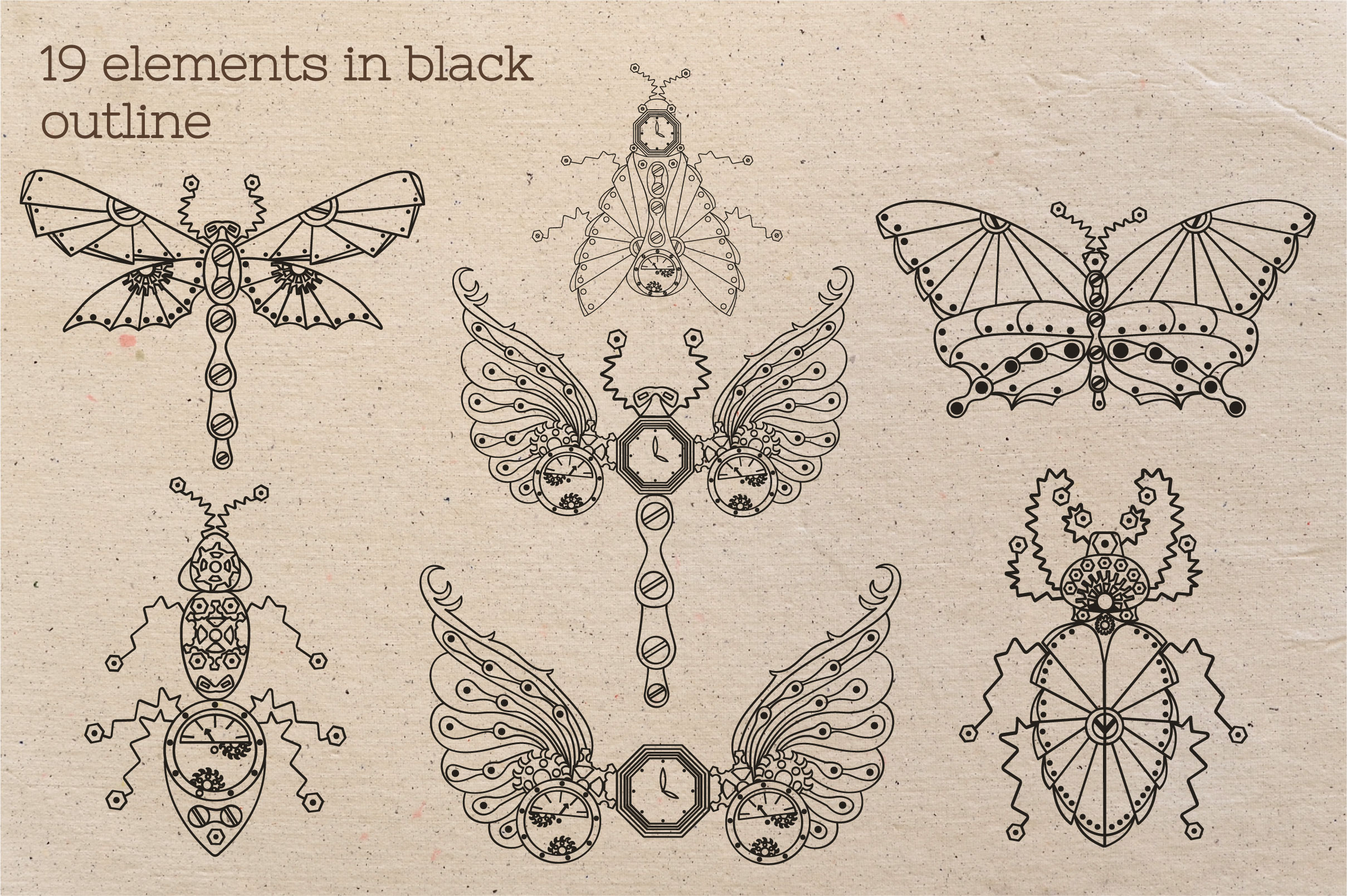 蒸汽朋克昆虫手绘矢量插画套装 Doodle Steampunk Insect Set SVG_img_2