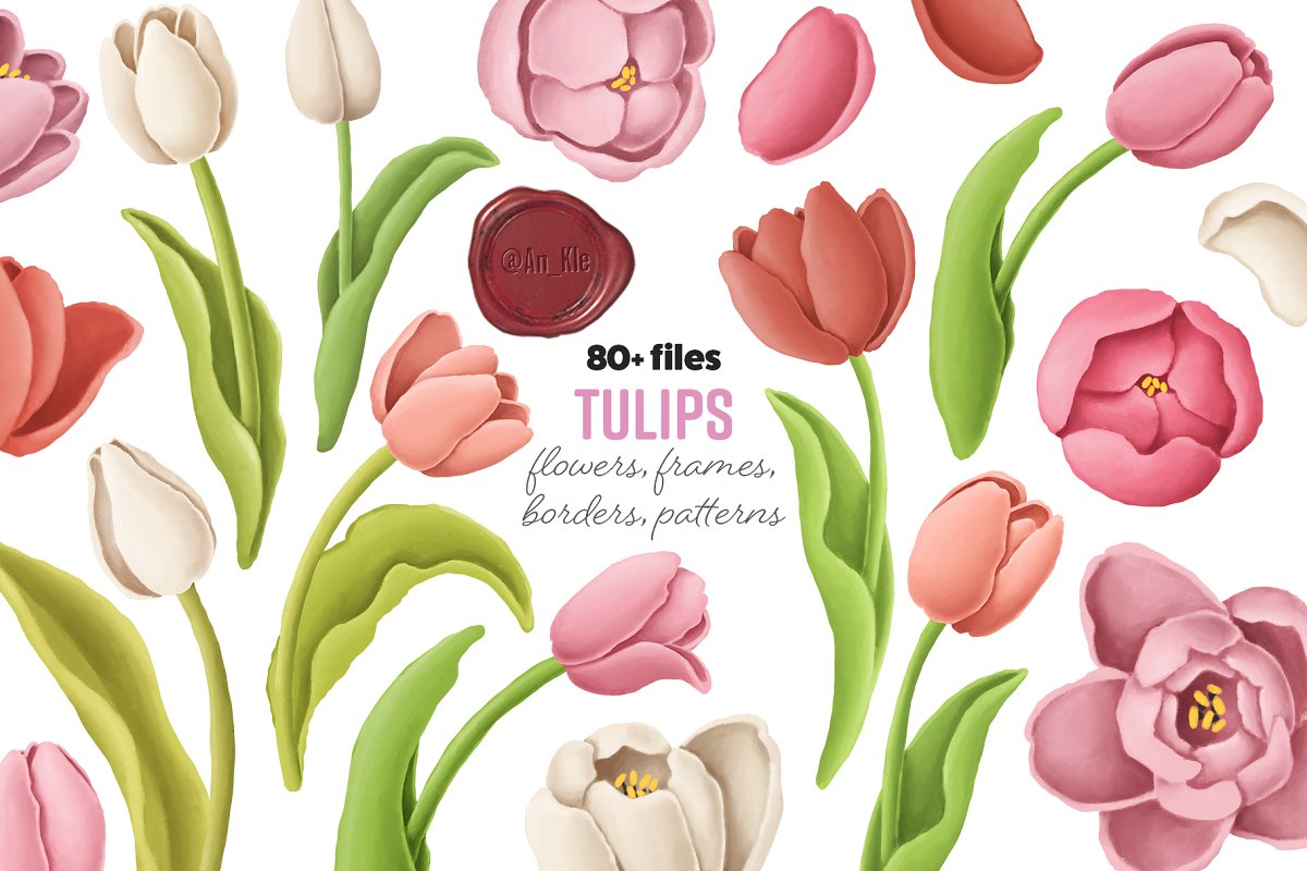 郁金香花卉手绘水彩剪贴画集合 Tulip Flowers, Patterns, Borders_img_2