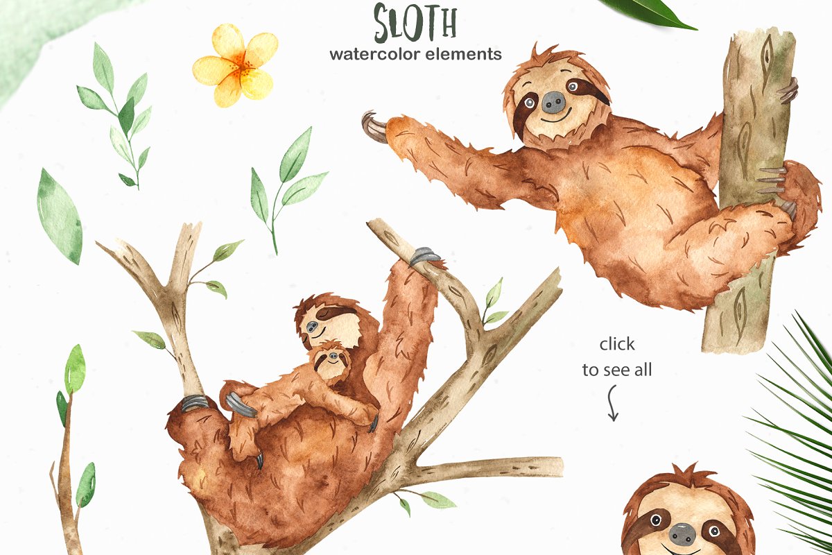 可爱树懒/热带植物手绘水彩画集合 Cute Sloth Watercolor Collection_img_2