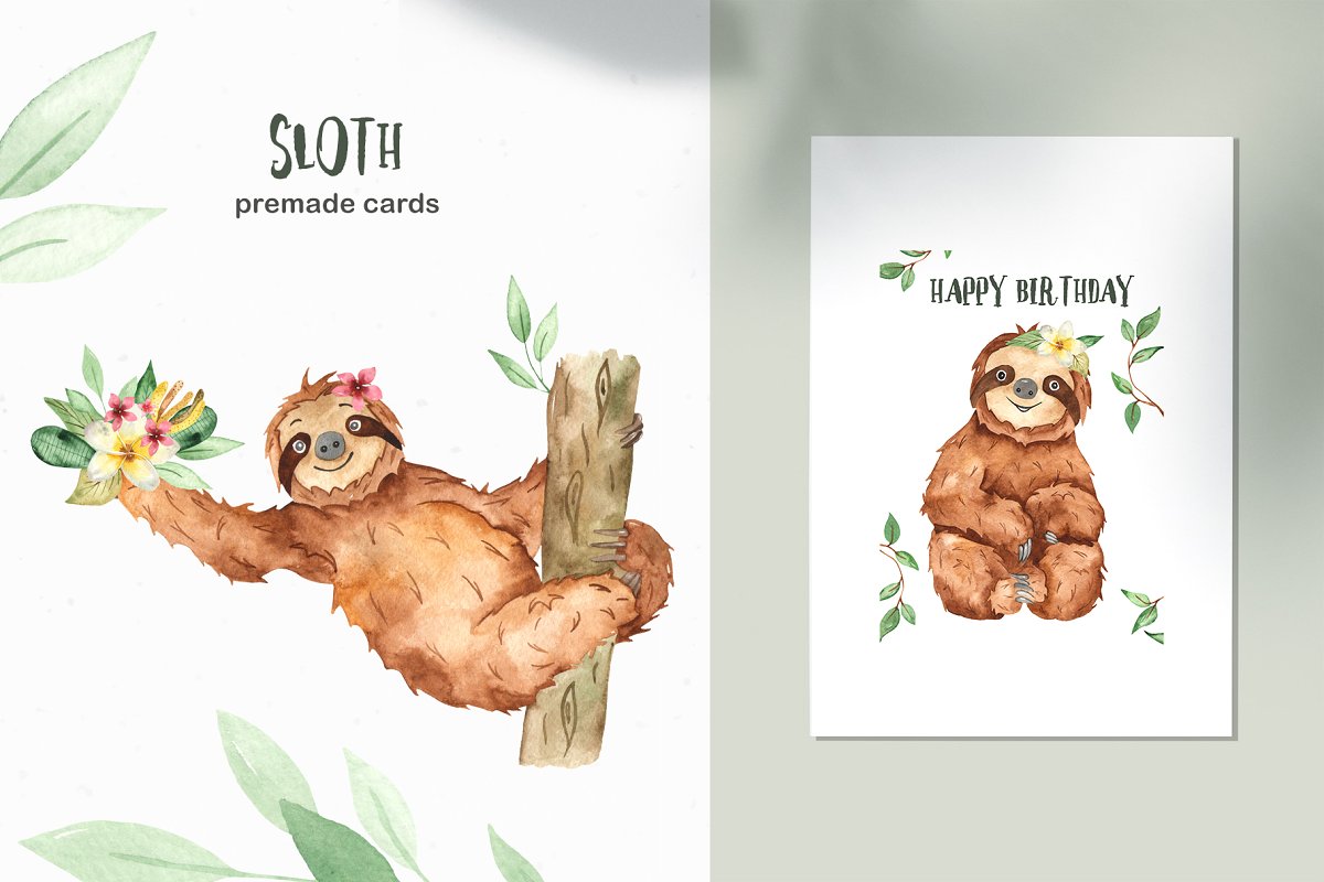 可爱树懒/热带植物手绘水彩画集合 Cute Sloth Watercolor Collection_img_2