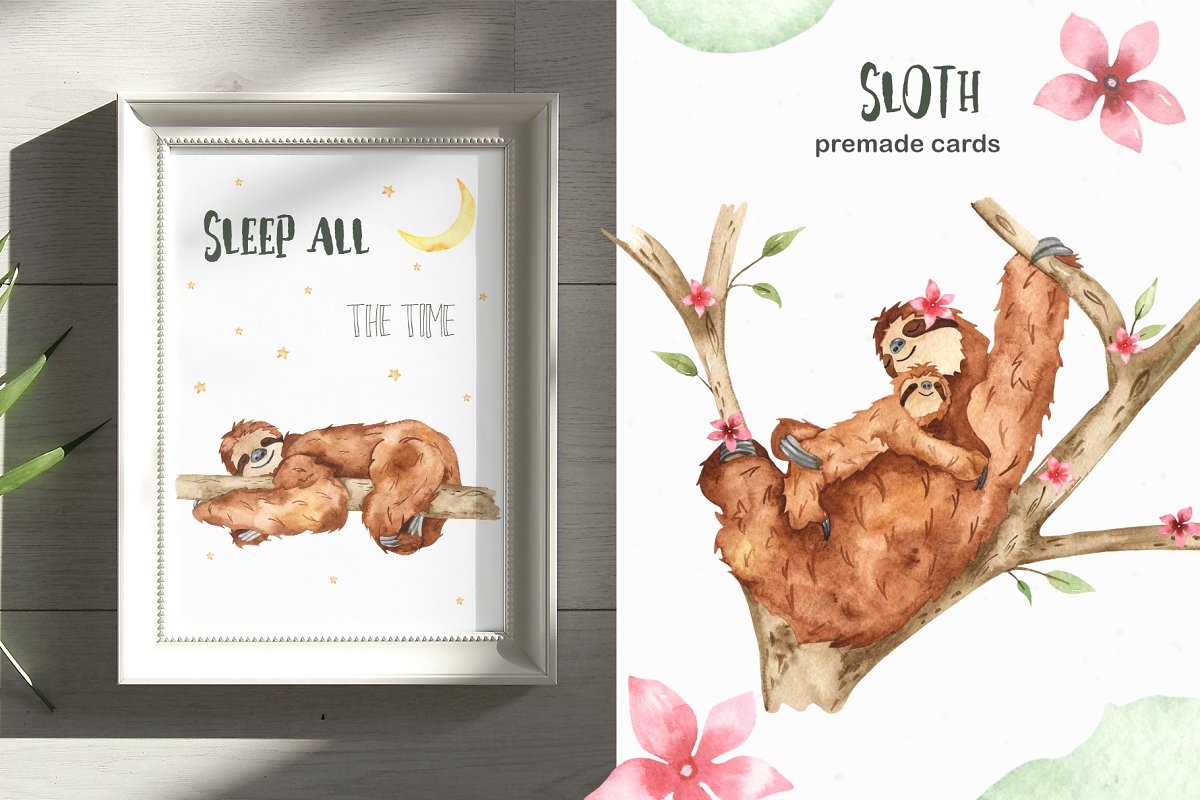 可爱树懒/热带植物手绘水彩画集合 Cute Sloth Watercolor Collection_img_2