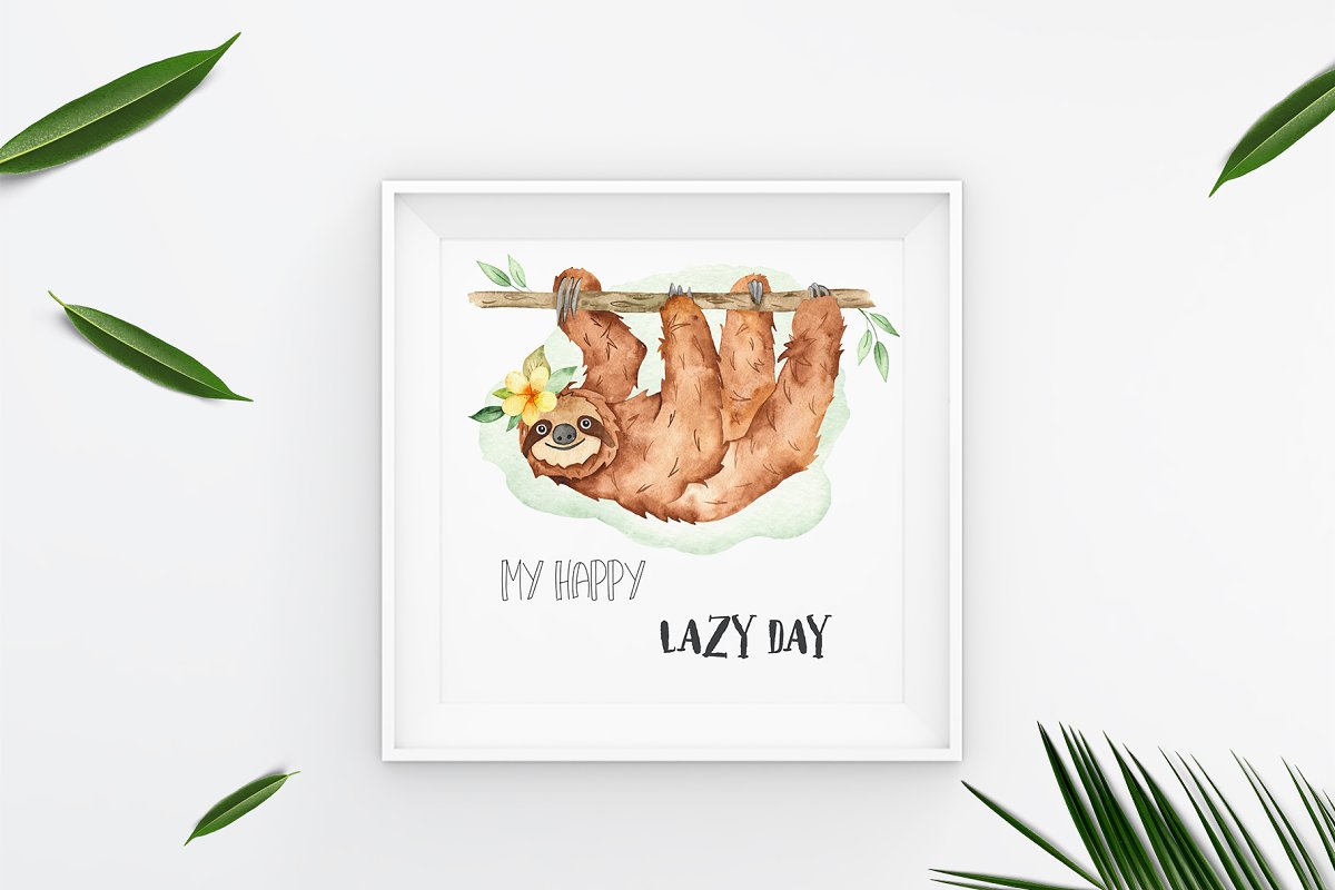 可爱树懒/热带植物手绘水彩画集合 Cute Sloth Watercolor Collection_img_2