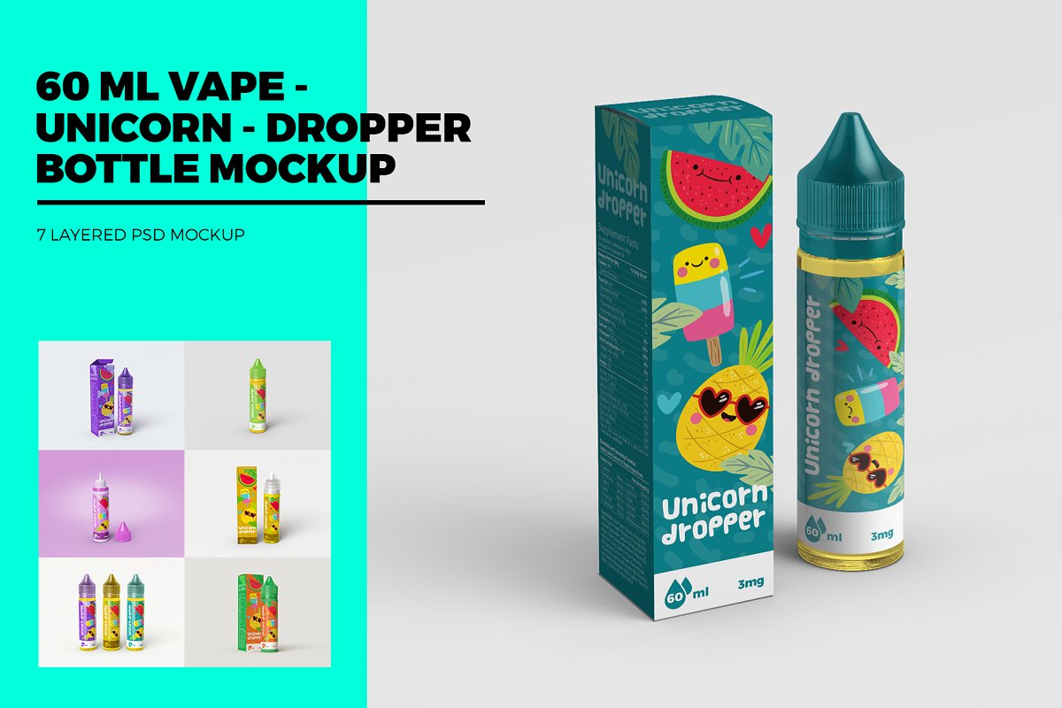 60毫升逼真滴管包装设计预览样机模板 60 ml Vape Unicorn Dropper MockUp_img_2