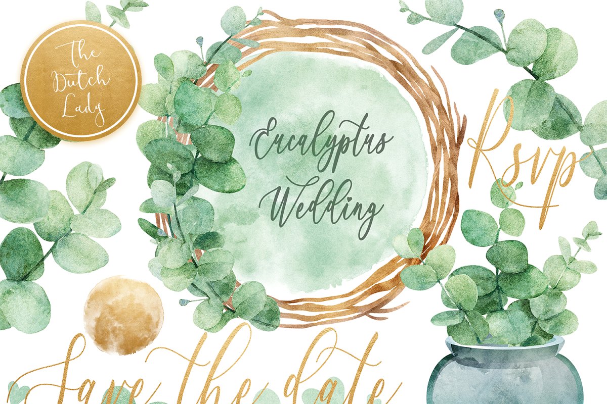 婚礼贺卡设计桉树手绘剪贴画集 Eucalyptus Wedding Card Clipart Set_img_2