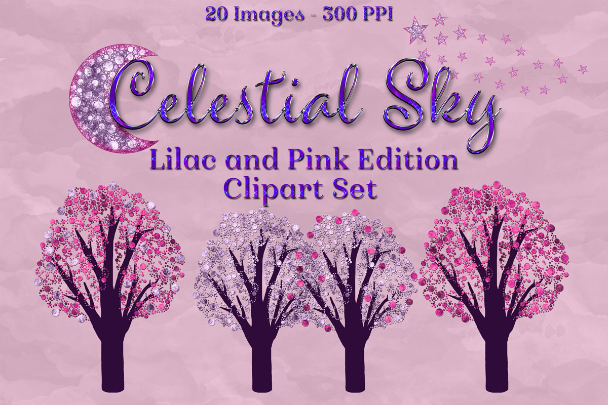 淡紫色月亮&星星手绘剪贴画设计素材 Celestial Sky Lilac and Pink Edition Clipar_img_2