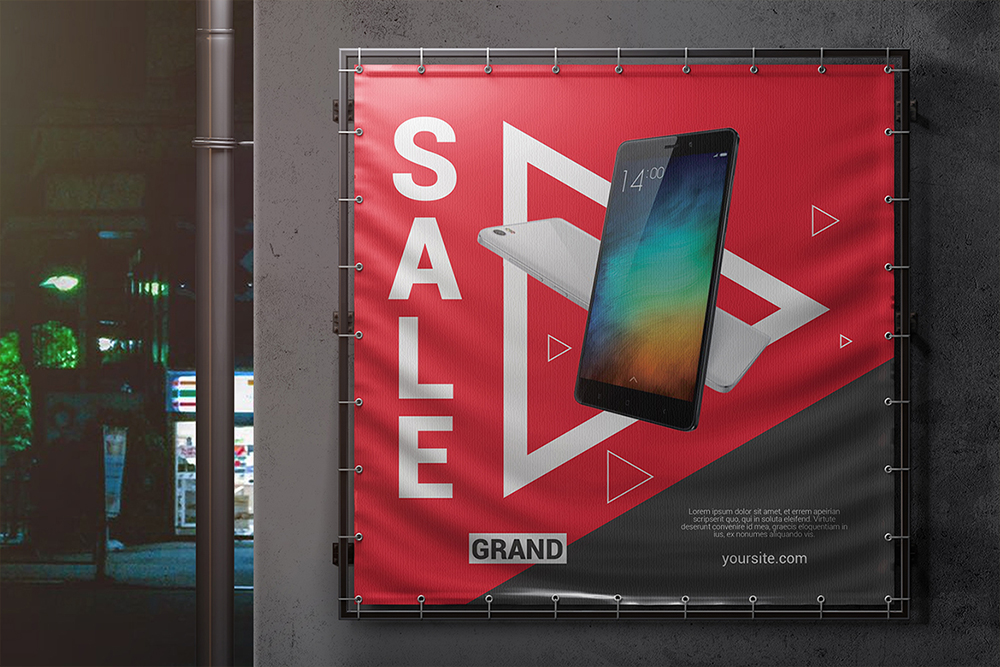 方形宝丽布户外广告设计效果图样机模板 Square Outdoor Advertising Banner Mockup_img_2