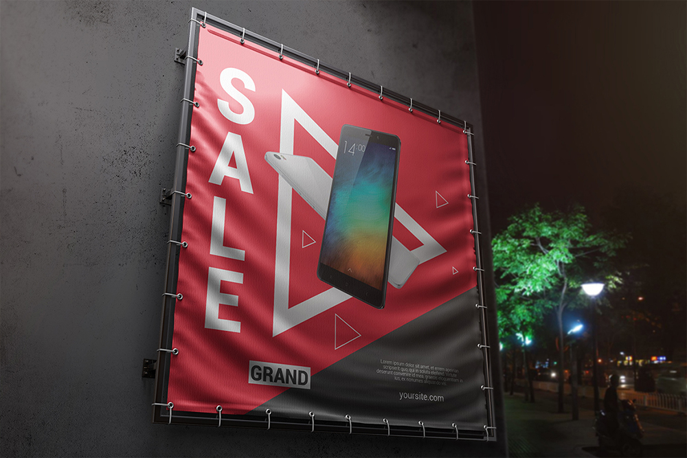 方形宝丽布户外广告设计效果图样机模板 Square Outdoor Advertising Banner Mockup_img_2