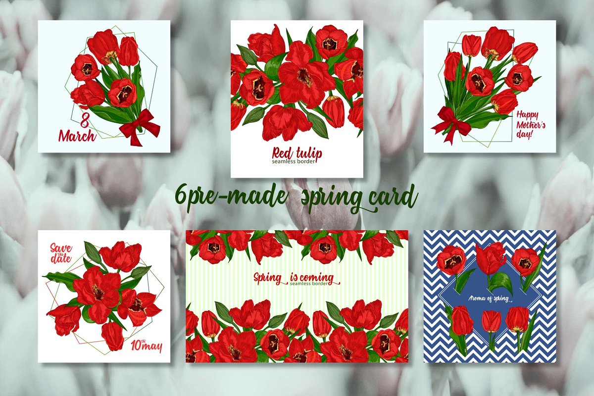 红色郁金香手绘矢量剪贴画合集 Red Tulips Vector Clipart_img_2