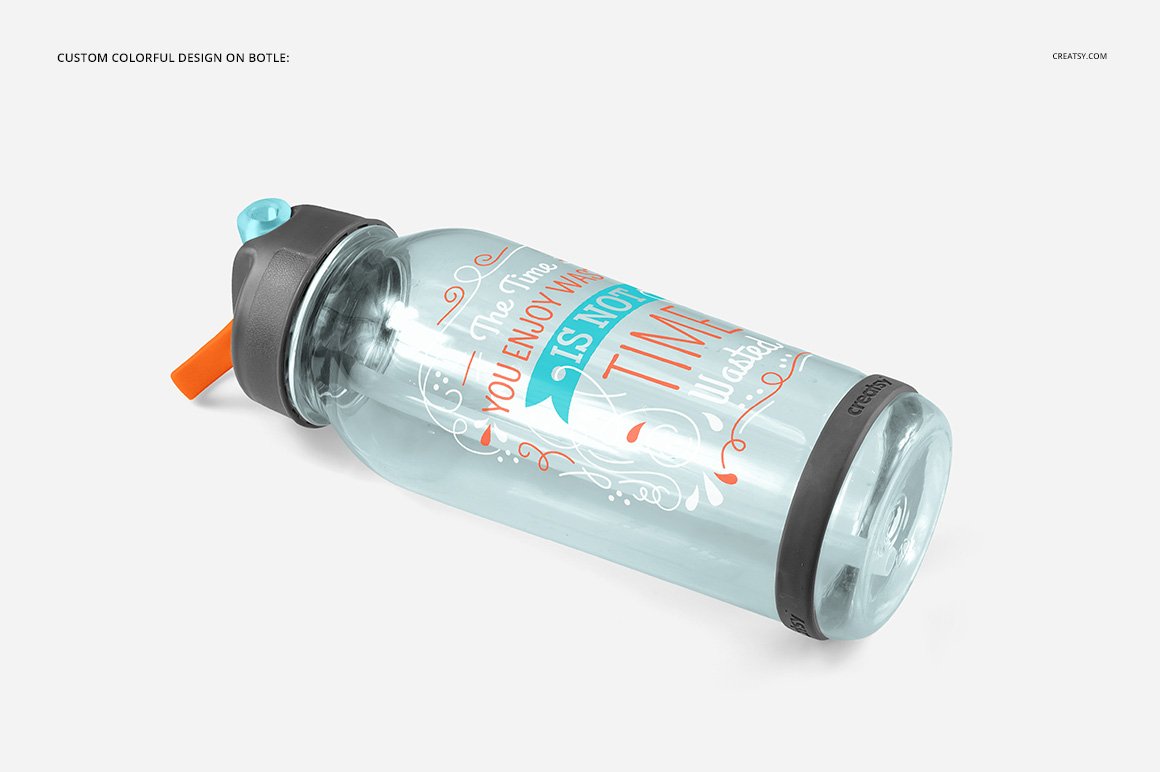 顶部翻转透明塑料水瓶外观设计效果图样机模板 Flip Top Clear Water Bottle Mockup_img_2