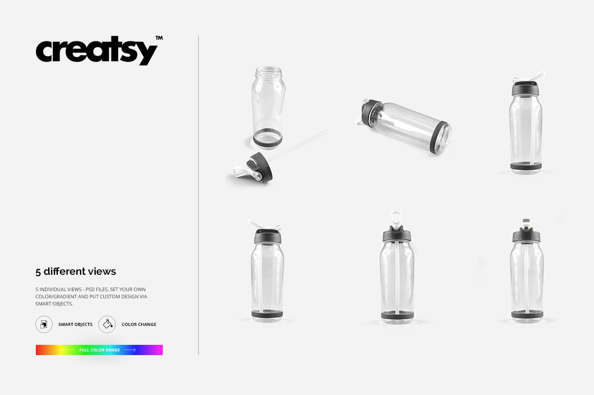 顶部翻转透明塑料水瓶外观设计效果图样机模板 Flip Top Clear Water Bottle Mockup_img_2