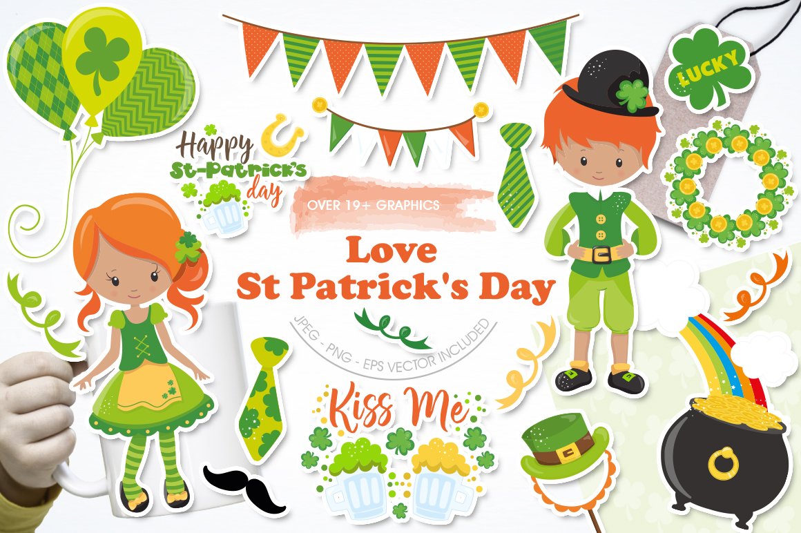 有趣手绘圣帕特里克节情人节剪贴画设计素材 Love, St Patrick