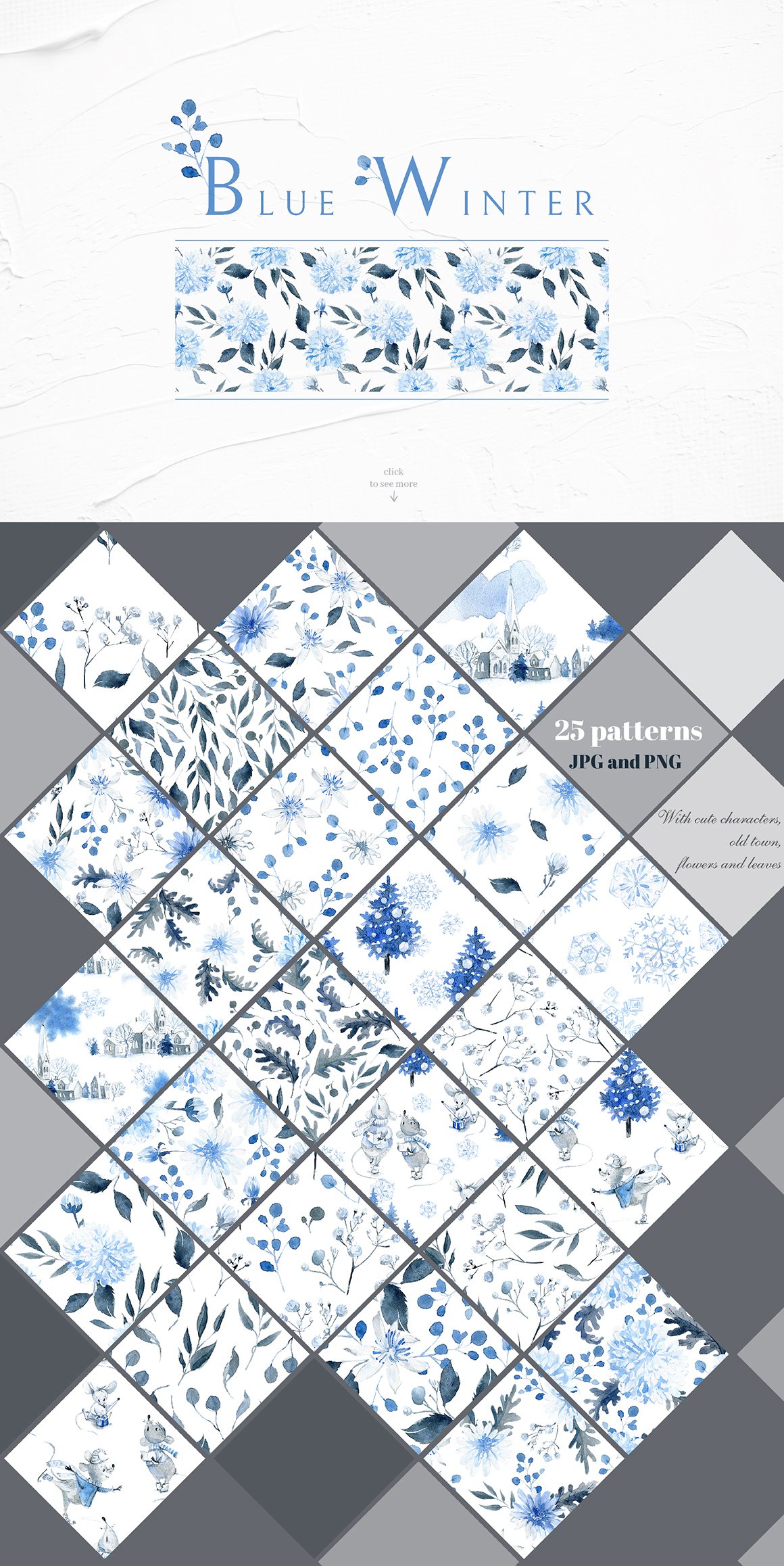 蓝色优美手绘菊花水彩插画集合 Blue Winter Pattern Collection_img_2