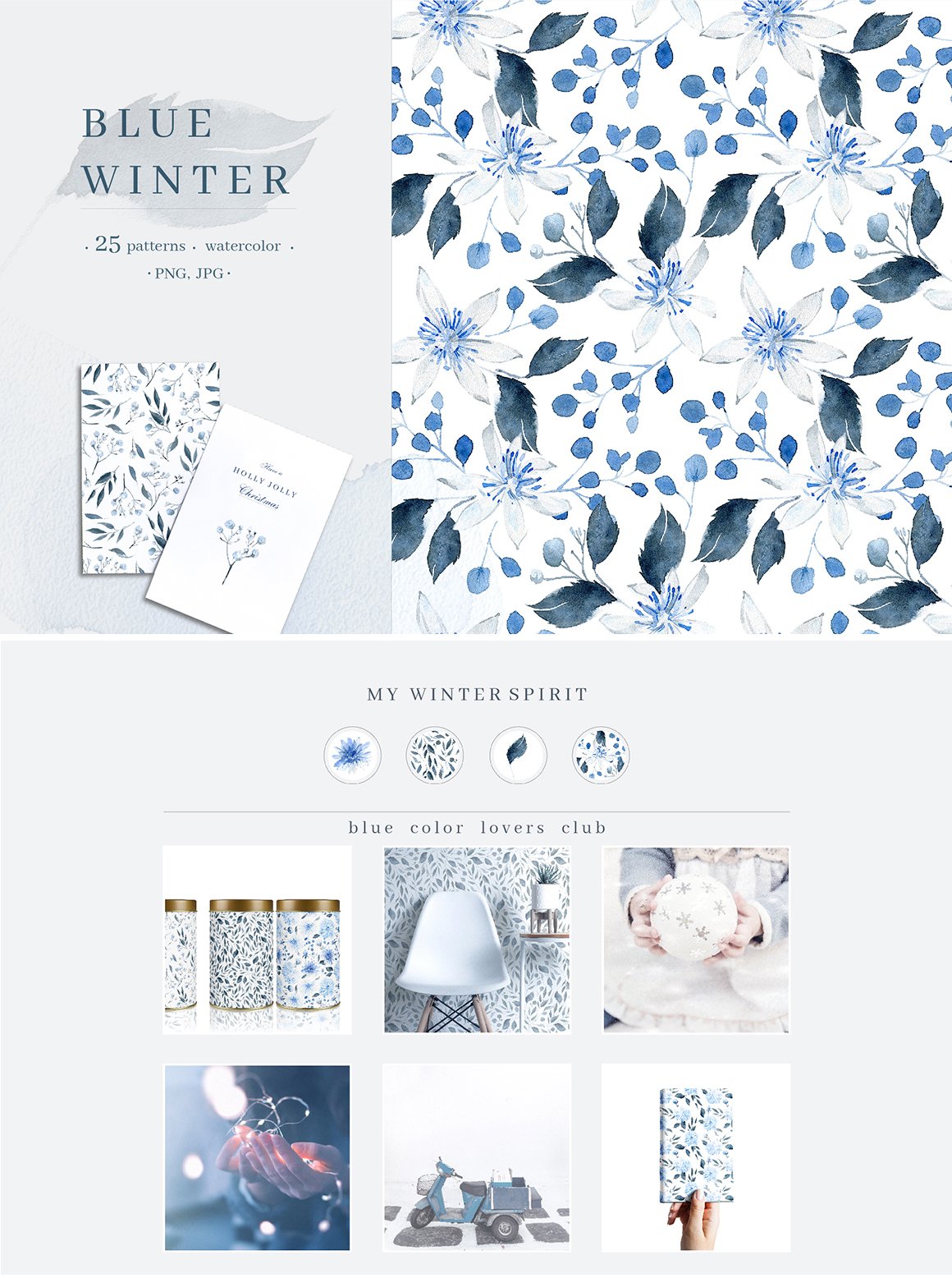 蓝色优美手绘菊花水彩插画集合 Blue Winter Pattern Collection_img_2