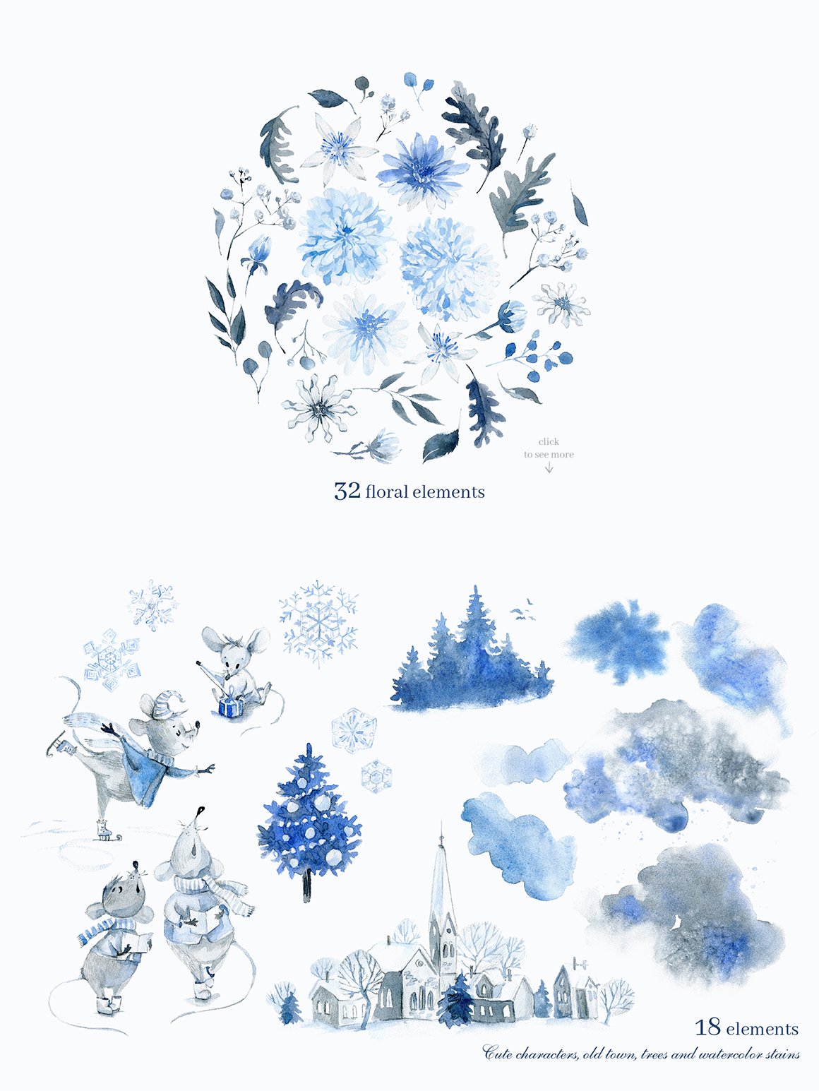 蓝色优美手绘菊花水彩插画集合 Blue Winter Pattern Collection_img_2