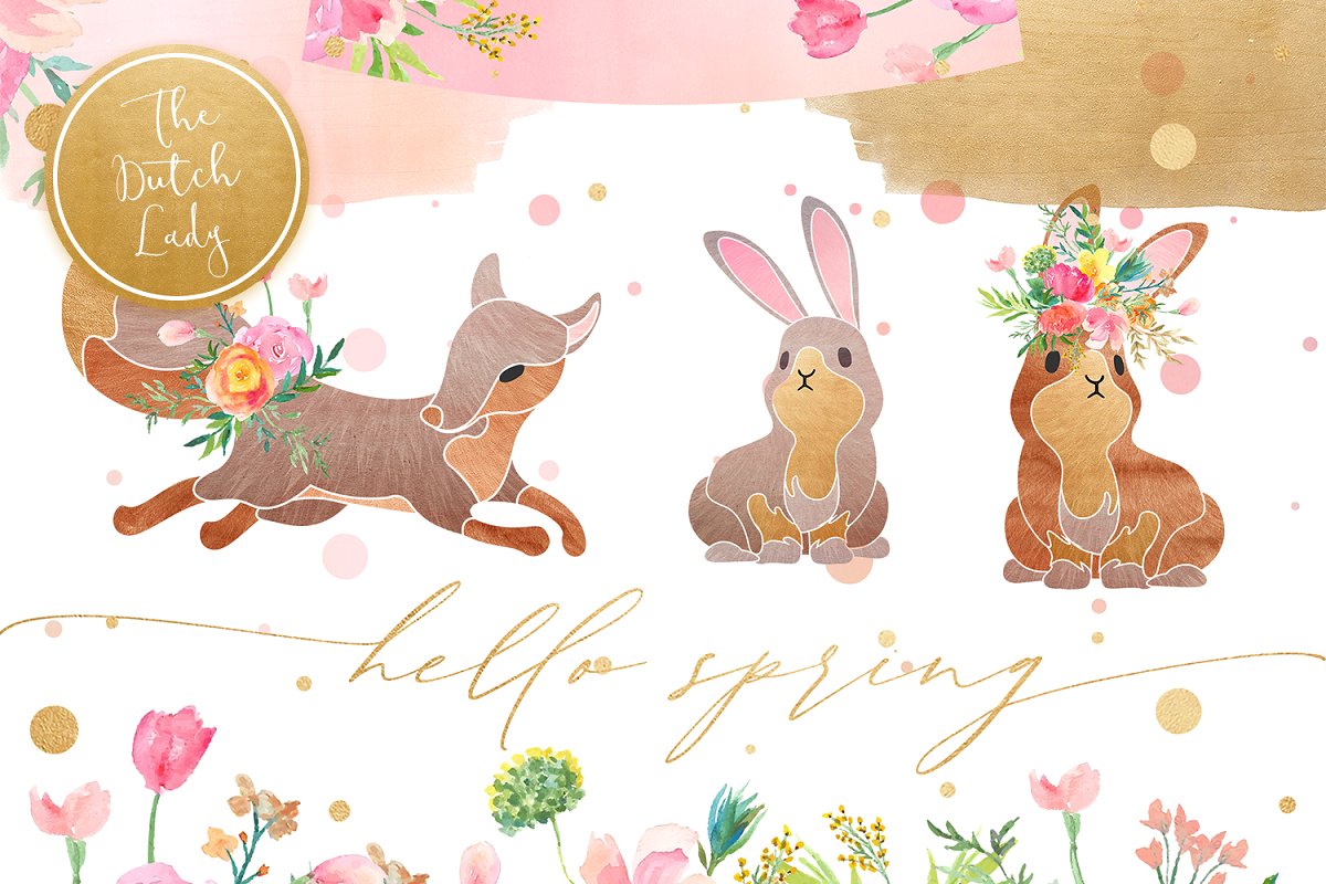 春天主题手绘兔子&狐狸水彩剪贴画套装 Hello Spring Clipart Set_img_2